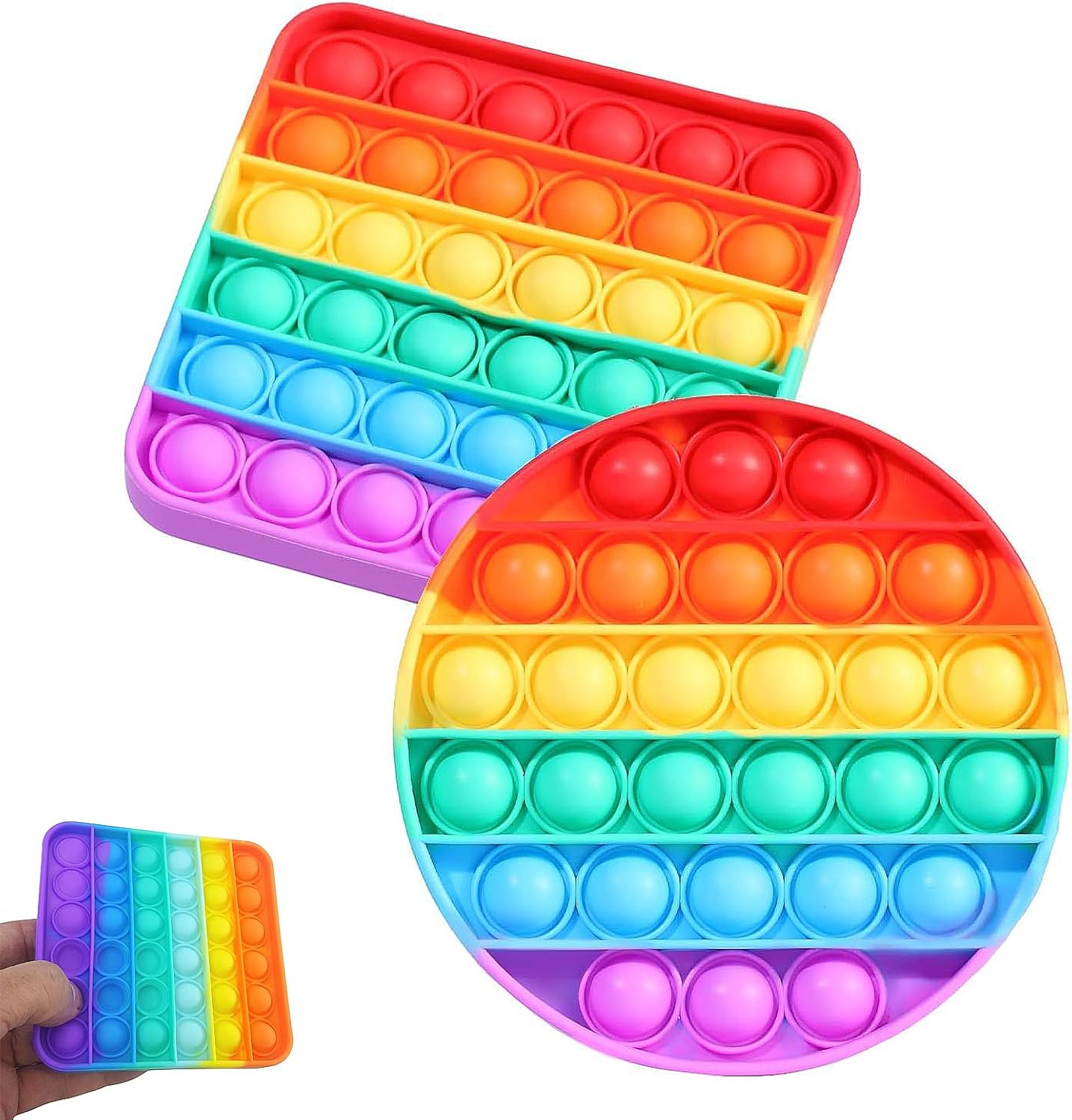 2 PCS Pop It Fidget Toys, Popit Fidget Toys, Pop Its, Kids Pop, Stress Relief, Silicon Rainbow Bubble Fidget Popper, For Adhd Autism Kids and Adults Learning and Educational (Square and Round)