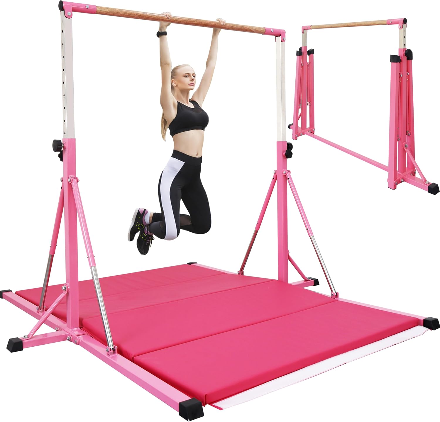 FC FUNCHEER Gymnastics Bar for Kids Ages 3-15, 35" to 60" Adjustable Height, 4FT Wide Base - Professional Kip Bar with 360° Stability & Fiberglass Crossbar, Easy Fold&Solid Design for Home Training