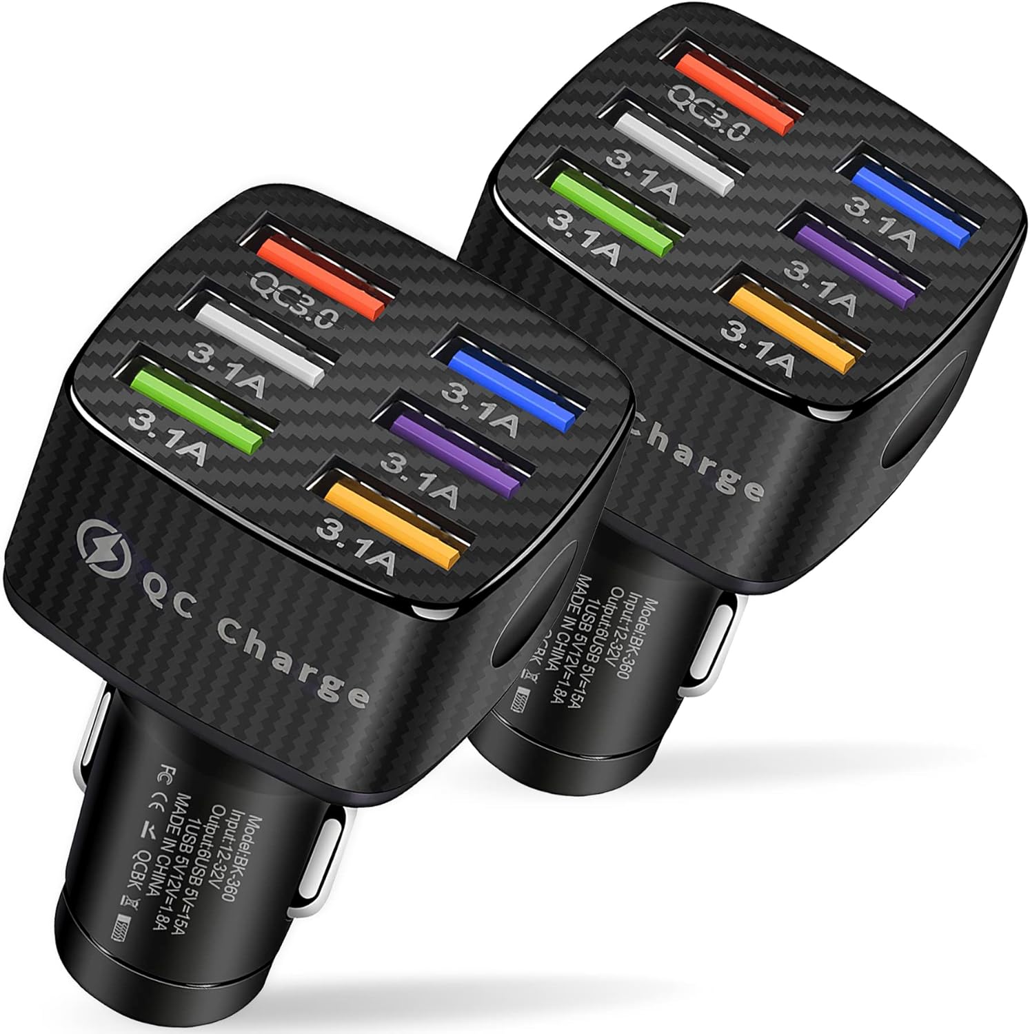 Amiss Car Charger Adapter, 6 USB Multi Port, Fast Charger, Include QC 3.0 and 5 Other Ports, Car Interior Accessories, Fit for iPhone 13/12/11/pro, Samsung Galaxy/Note S10/S9/S8 - Black(2PCS)