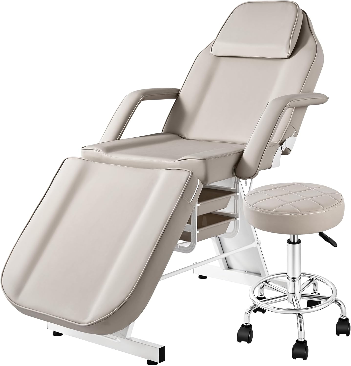 Tattoo Bed Chair for Client, Facial Lash Bed for Esthetician Chair with Swivel Stool, Adjustable Salon Spa Beauty Equipment w/Removable Armrests & Headrest, 2-Tray, Grey