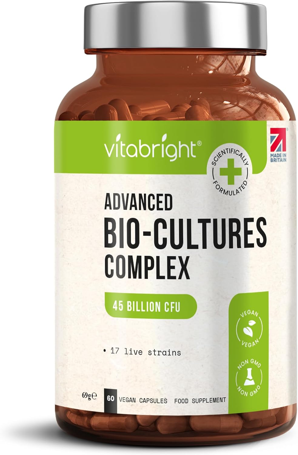 VitaBright Bio Cultures Complex | 45 Billion CFU Live Bacterial Cultures | 17 Strains with Chicory Inulin | 60 Vegan Capsules for Men & Women | 1 Month Supply