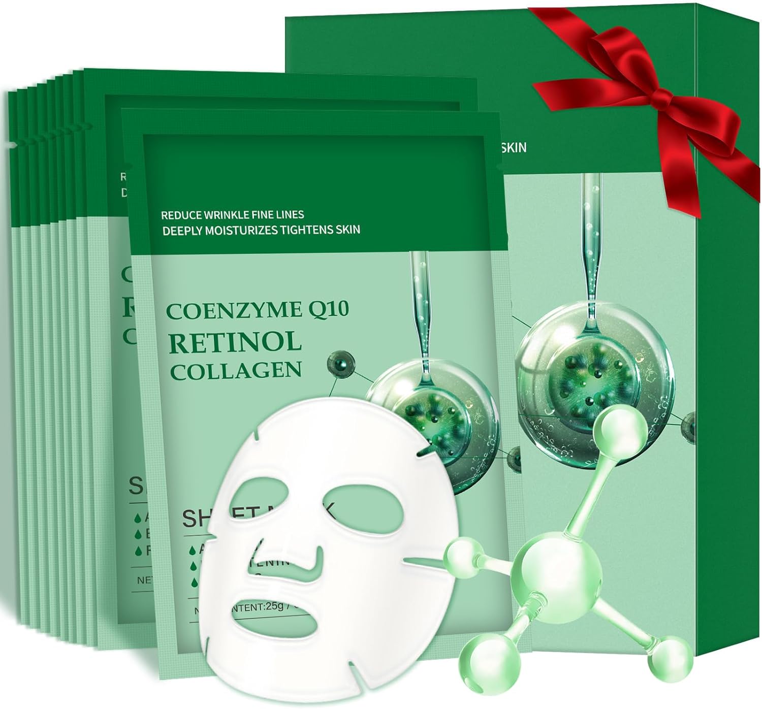 Pack of 10 Collagen Mask Face Masks Skincare, Coenzyme Q10 Retinol Collagen Facial Masks Skincare, Hydrating Face Beauty Care Masks for Deep Moisturizing