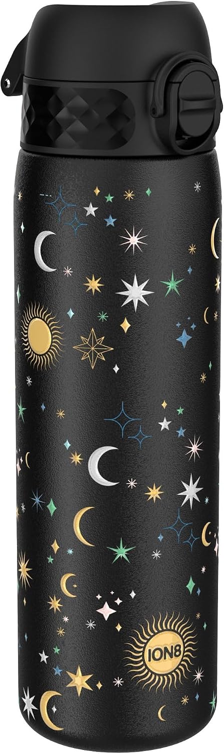 Ion8 Lightweight Steel Water Bottle, 600 ml/20 oz, Non-Insulated, Leak Proof, Easy to Open, Secure Lock, Dishwasher Safe, Flip Cover, Fits Cup Holders, Carry Handle, Metal Water Bottle, Celestial