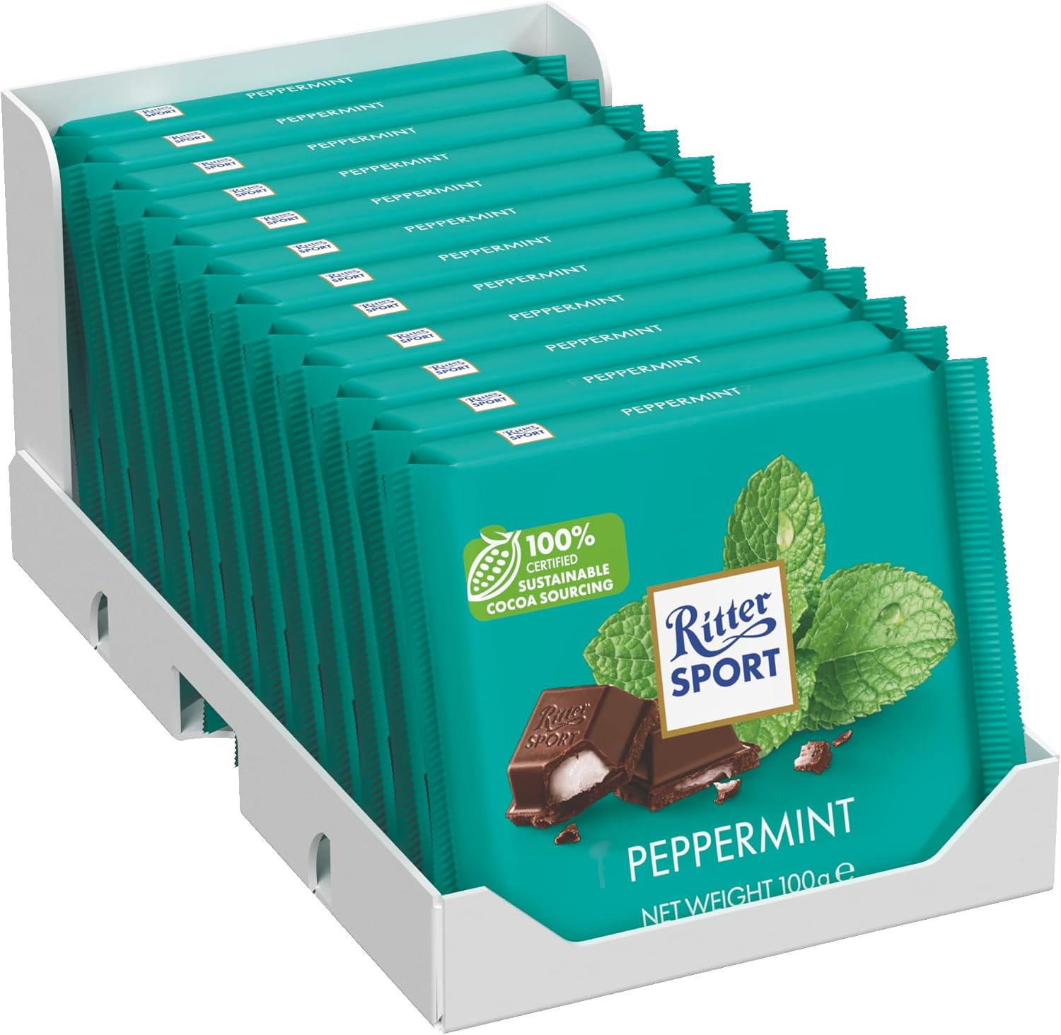 Ritter Sport Peppermint Dark Chocolate Bar, 100g, Case of 12, Chocolate Sharing Bar