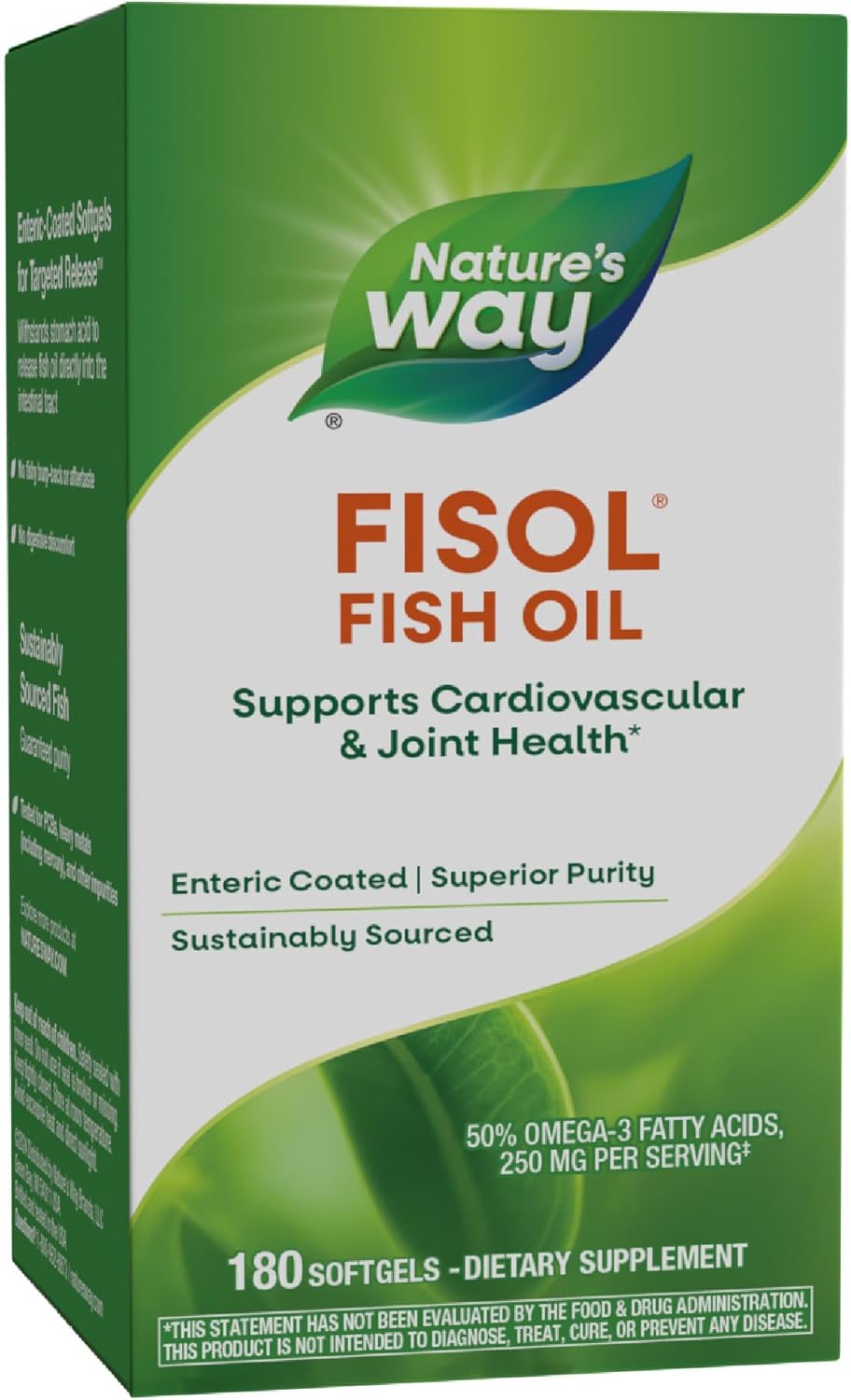 Nature's Way Fisol Fish Oil, Enteric Coated, Supports Cardiovascular and Joint Health*, Mega Potency Omega-3s, 180 Softgels (Packaging May Vary)