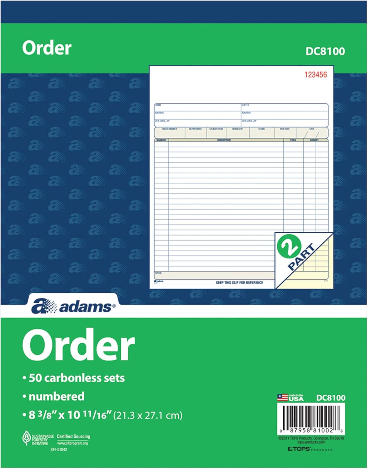 Adams Order Book, 2-Part, Carbonless, White/Canary, 8-3/8 x 10-11/16 Inches, 50 Sets per Book (DC8100) , 1 pack