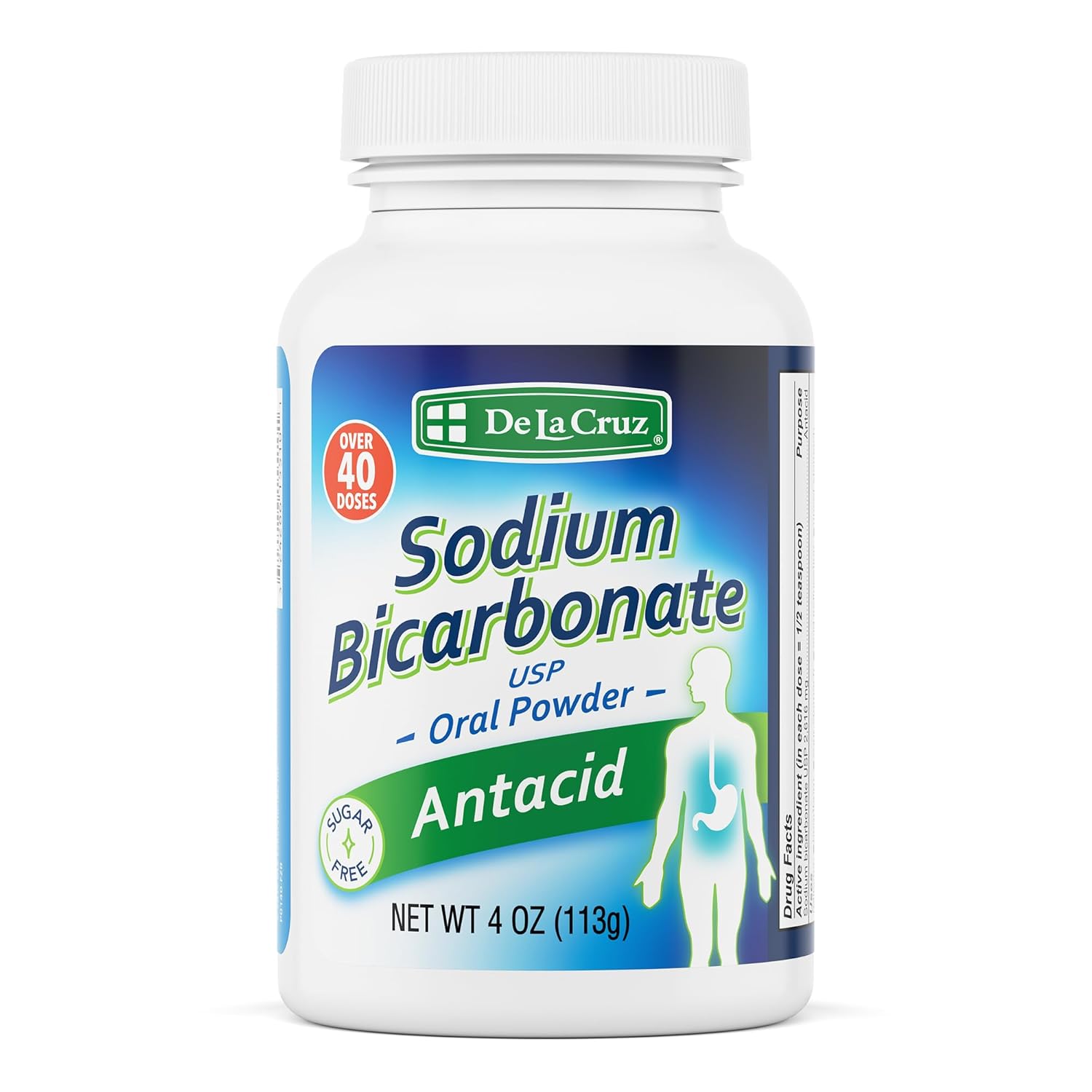 De La Cruz Pure Sodium Bicarbonate - USP Grade Bicarbonate of Soda – 100% Pure Baking Soda – Aluminum Free Antacid Powder for Heartburn & Indigestion - Packed in USA, 4 OZ.