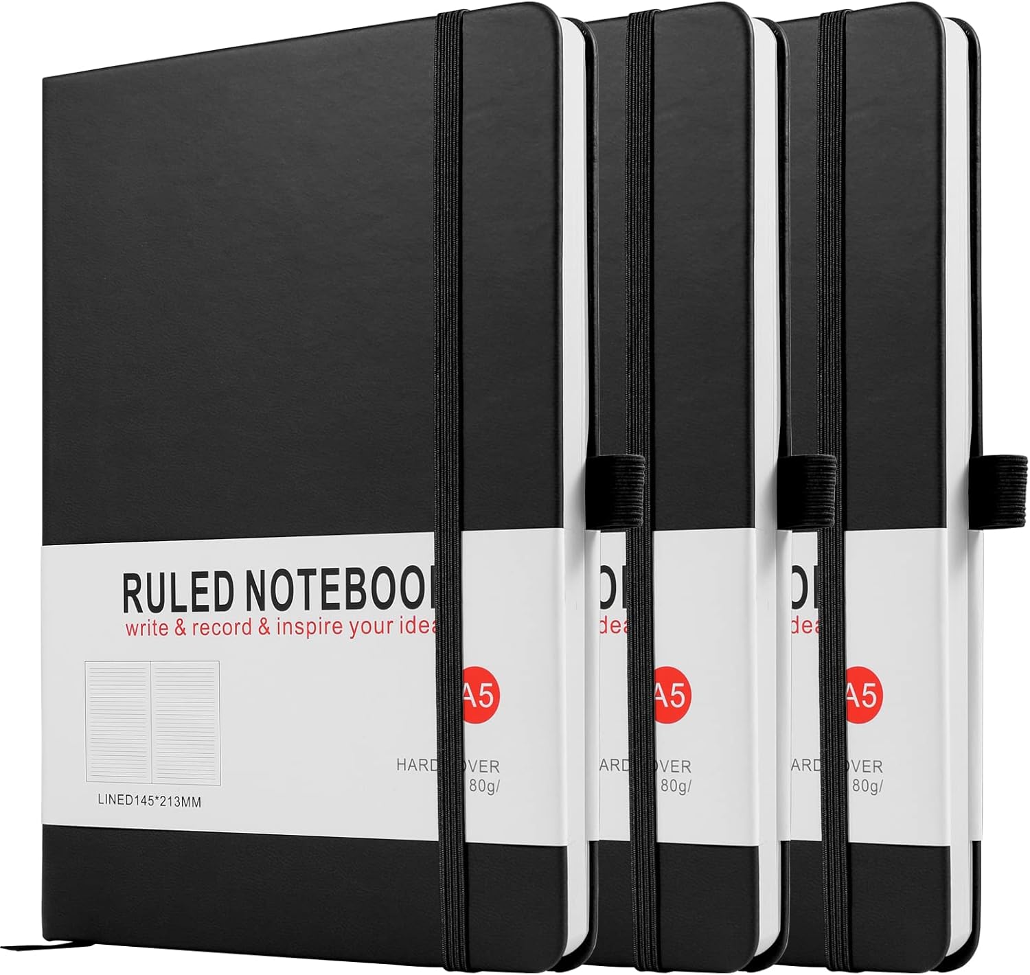 Notebook A5, 3 Pack Journal A5 Notebook 200 Pages 80 GSM Journal Notebook Hardback Notepad with Lined Pages, Pen Loop and Expandable Paper Pocket, Journal Notepad Note Book (Black)