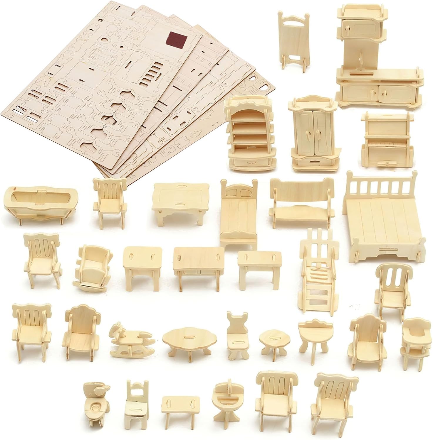 LOVEINUSA DIY Wooden Dollhouse Furniture Set, 3D Puzzle Miniature Room Accessories, Natural Wood