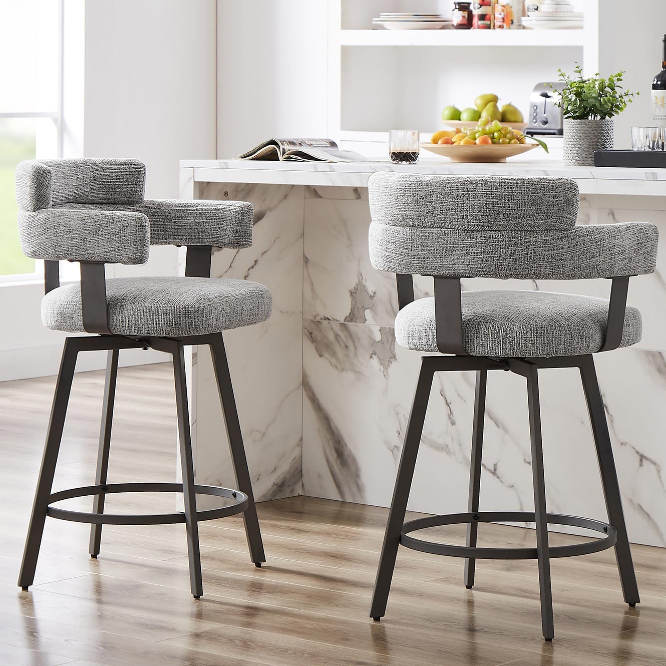 Counter Height Bar Stools with Full Back – Swivel Counter Stools Set of 2 with Linen Padded Back, Metal Footrest, Modern Barstools for Kitchen Counter, Island, Dining Room, Grey 24 inch