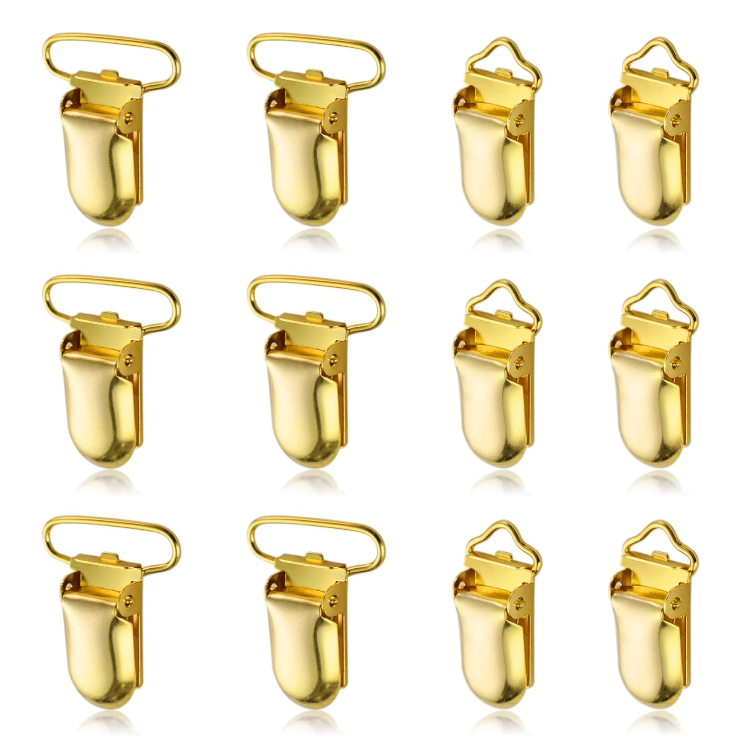 12 PCS 1" & 1/2" Suspender Clips Metal Pacifier Clip Holder for Pacifiers DIY Baby Girl Toy Bibs Garter Making Supplies (Gold, Bulk)
