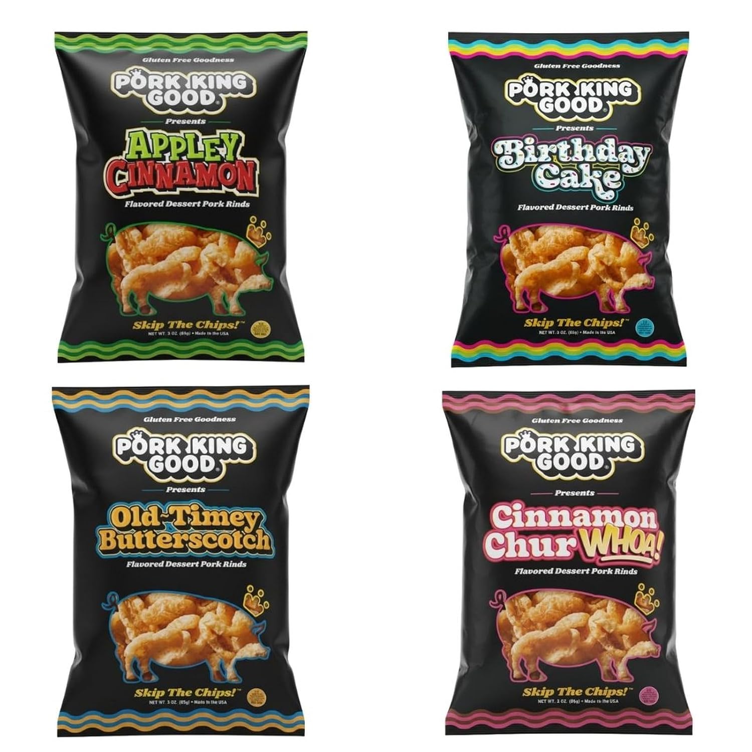 Pork King Good Sweet & Salty Dessert Pork Rinds Variety Pack, 4 Bags 3 oz