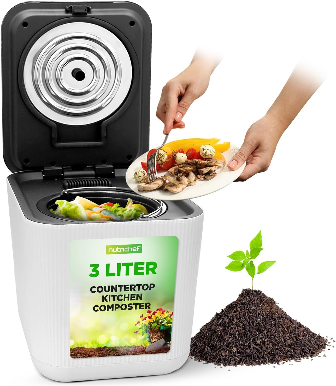 NutriChef Food Waste Bin - 3 Quart Compost Bin for Countertop, Automatic Electric Composter, Compact Indoor Kitchen Composter with Odorless Filter, Dishwasher-Safe Parts, 11" (White)
