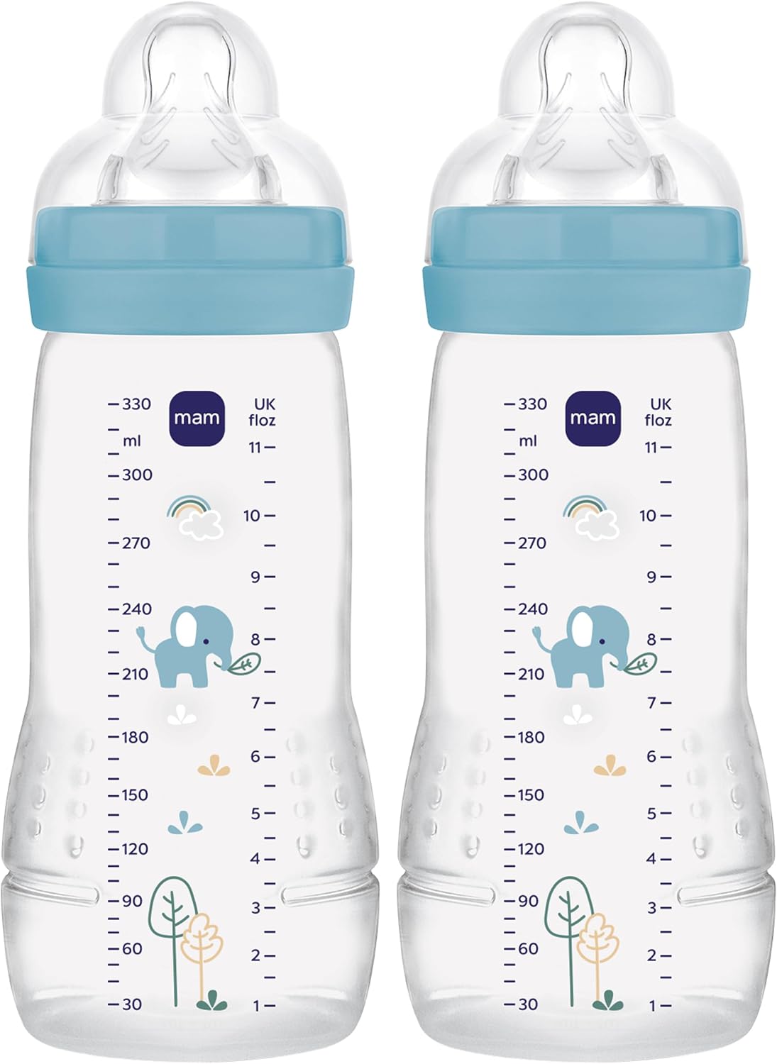 MAM Easy Active Bottles | 2 Pack (2 x 330ml) | Fast Flow MAM Teats Size 3 | Baby Accessories | Blue (Various Designs)