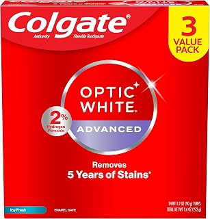 Colgate Optic White Advanced Hydrogen Peroxide Toothpaste Pack, Teeth Whitening Toothpaste, Enamel-Safe Hydrogen Peroxide Formula, Helps Remove Tea, Coffee, and Wine Stains, Icy Fresh, 3 Pack, 3.2 oz