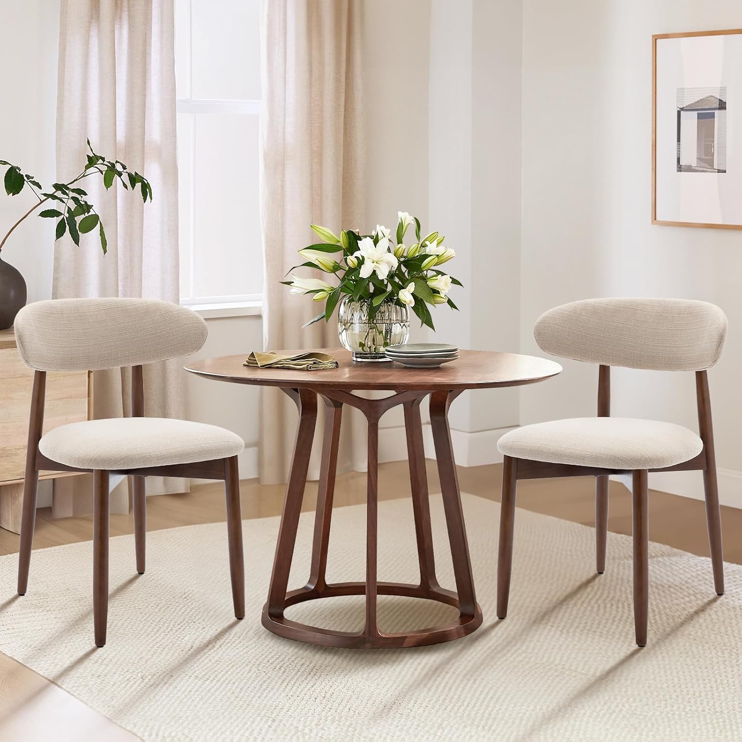 COLAMY Wooden Dining Chairs Set of 2, Modern Fabric Upholstered Kitchen Side Chairs, Farmhouse Dining Room Chair with Foot Pegs, Beige
