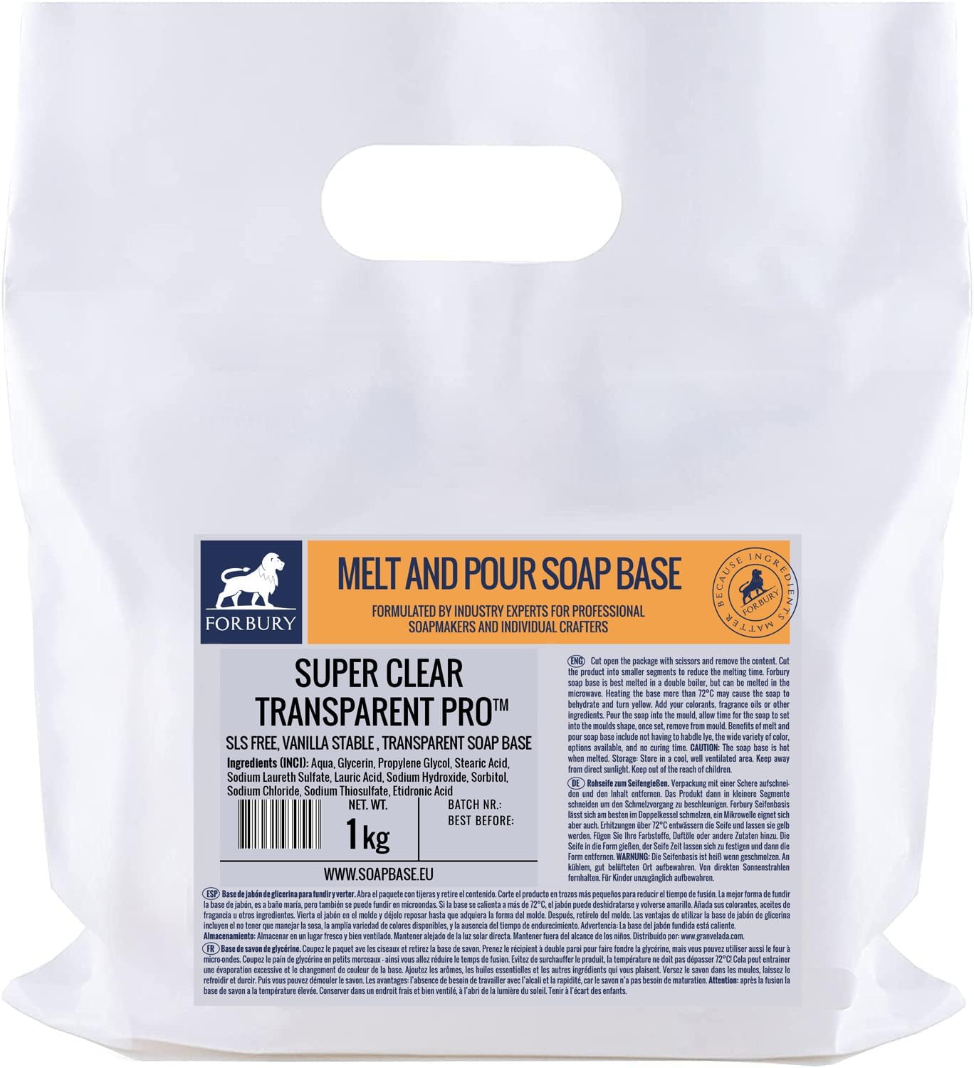 1kg Soap Base Clear Transparent Pro, Melt and Pour Forbury Direct