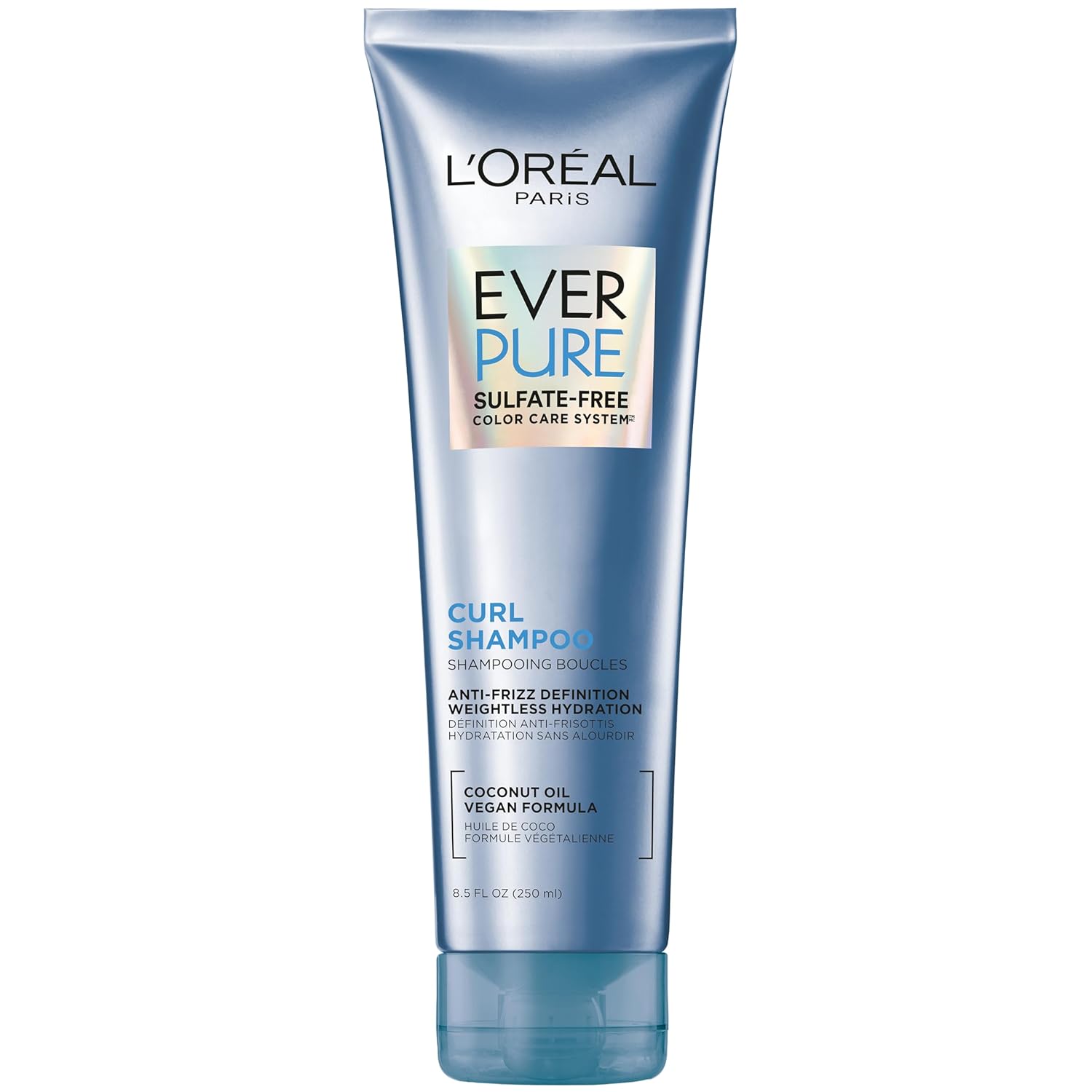L'Oreal Paris Sulfate Free Shampoo for Curly Hair, Lightweight, Anti-Frizz Hair Care with Coconut Oil, EverPure, 8.5 Fl Oz (Packaging May Vary)