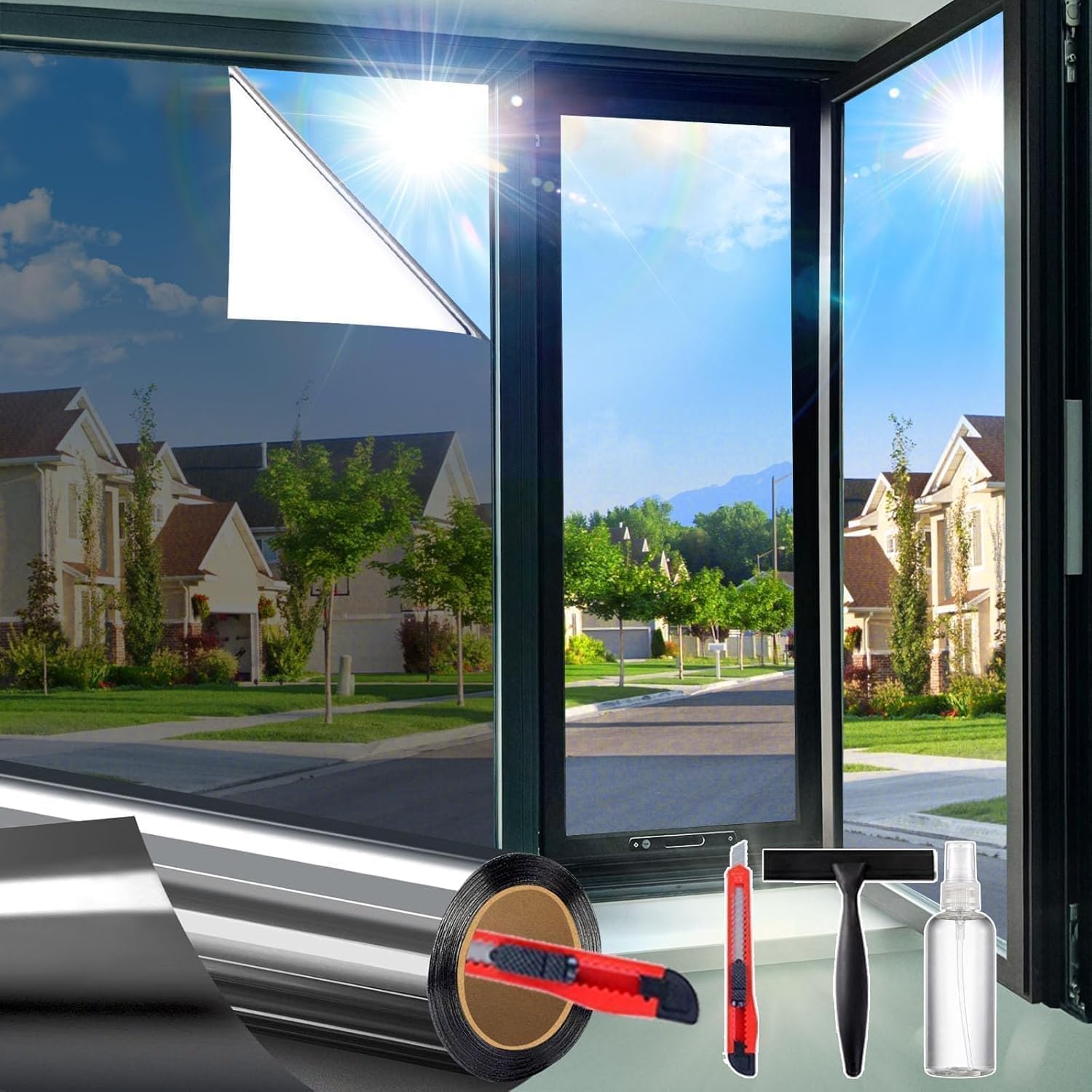 One Way Daytime Window Privacy Film See Out Not in, Window Tint for Home, Reflective Mirror Glass Windows Coverings Sun Heat UV Blocking, Black-Silver, 17.5" X 78.7"