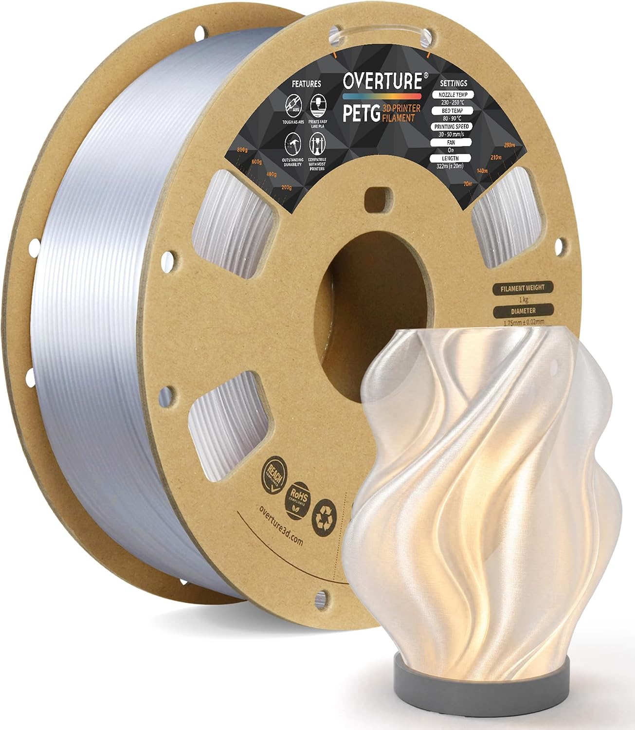 OVERTURE High Speed PETG Filament 1.75mm, 1kg Transparent