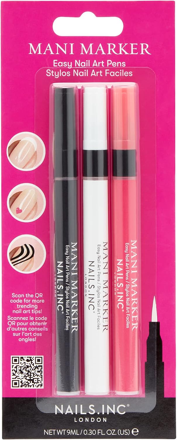 Nails.INC Mani Marker Trio, Easy to Use Nail Polish Art Pen With Precision Tip, Quick Drying, Cruelty Free, Vegan, Includes Bright White, Bubblegum Pink and Mascara Black