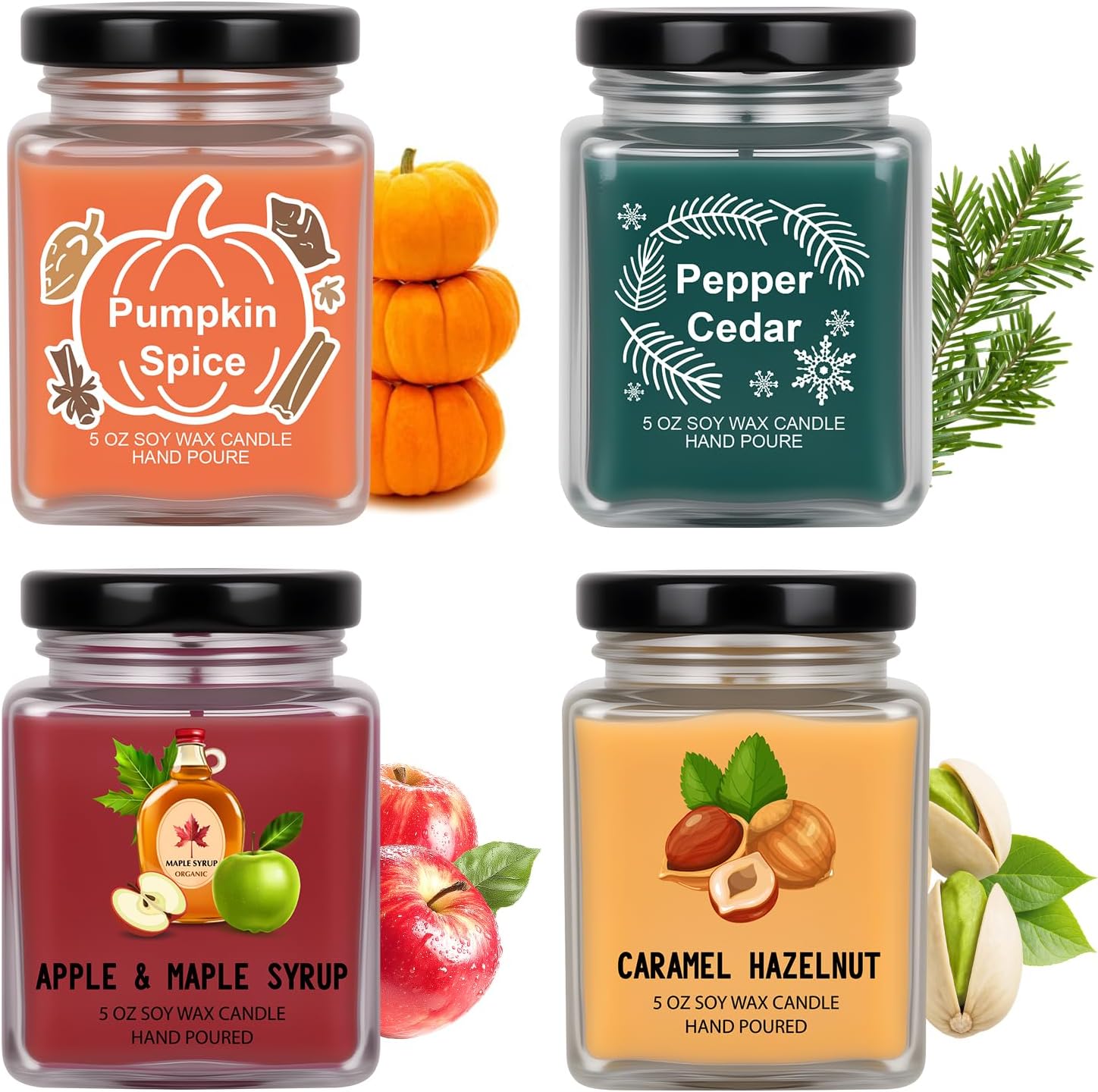 Fall Scented Candles 4 Pack Soy Candles Set for Women Gift | Fall Gift for Home Decor, Autumn Candle Home Decor - Pumpkin Spice, Apple Maple Syrup, Caramel Hazelnut, Pepper Cedar