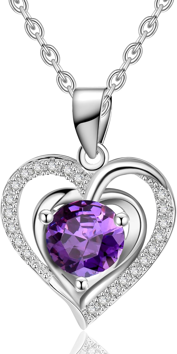 RANKEEF Blue Purple Silver Heart Necklace Sterling Silver Heart Pendant Necklace for Women Exquisite Silver Double Crystal Necklace Adjustable Necklace Gifts for Women