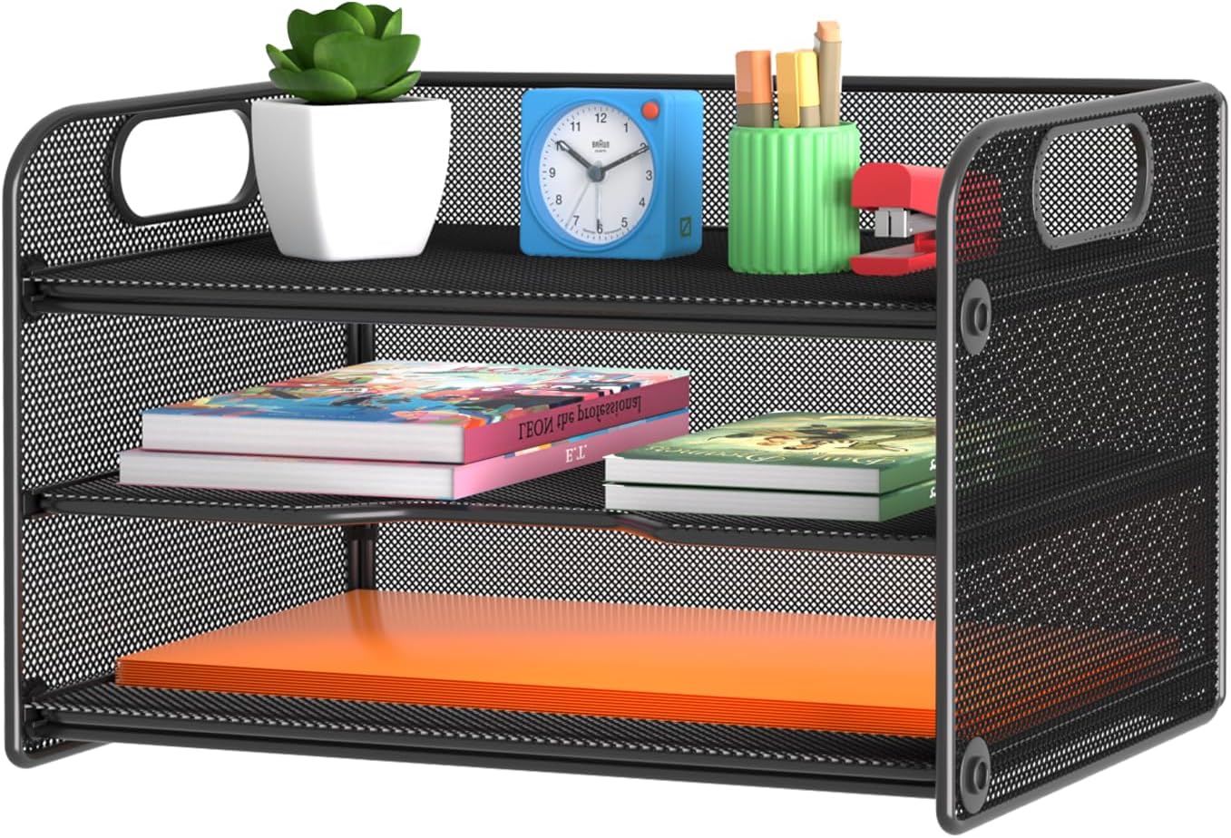 Samstar 3 Tier Letter Tray Paper Organizer with Handle, Mesh Desk Organizer Paper Sorter File Rack Shelves, Black