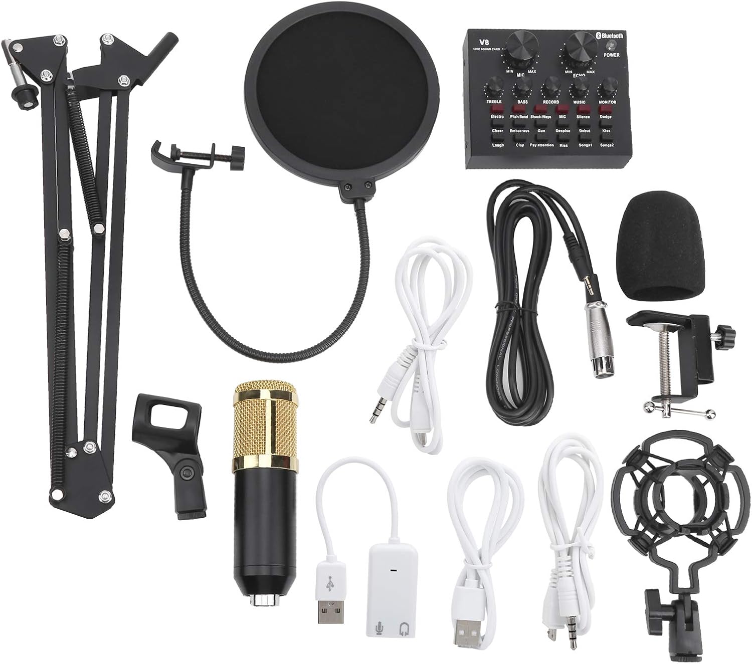 V8 Sound Card with Condenser Microphone, BM800 Condenser Microphone Studio Recording Kits Adjustable Stand for Sound Card Live Audio Mixer Portable Recording Console Stu