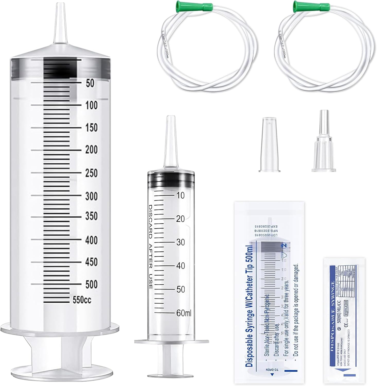 Large Syringe 500ml with Soft Tubes, Oil Suction Syringes 550ML+60ML, Plastic Syringe for Liquids, 2 Sizes, Large Capacity Syringesfor Industry Lab Syringes Garden Pet Feeding Plant Watering