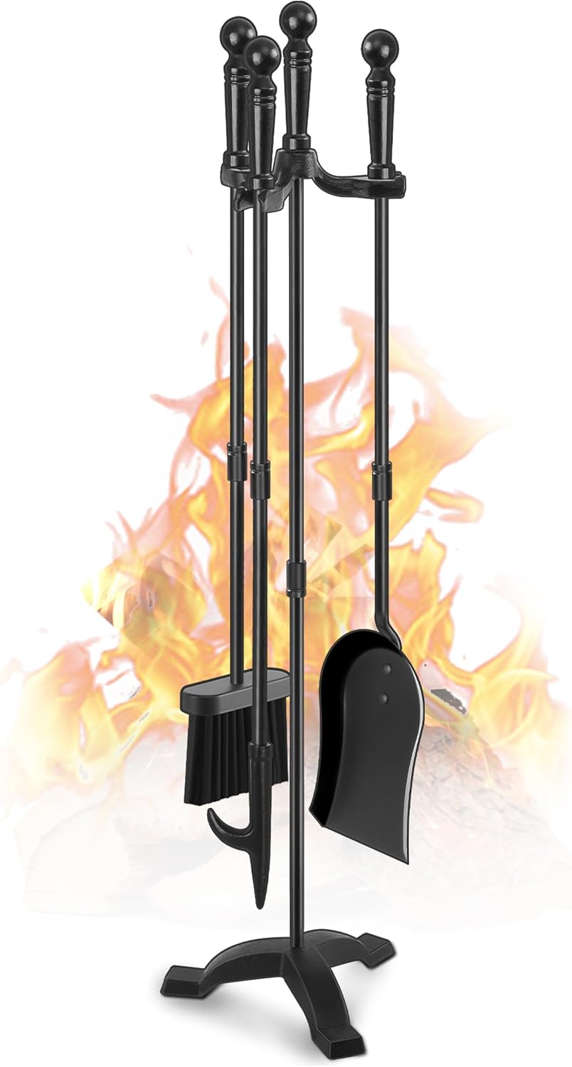 Gtongoko Fireplace Tools Set 4 Pcs 30 Inch Black Wrought Iron Large Fire Tool Set for Outdoor/Indoor Include Chimney Poker, Antique Shovel, Rustic Brush and Stand Accessories Set