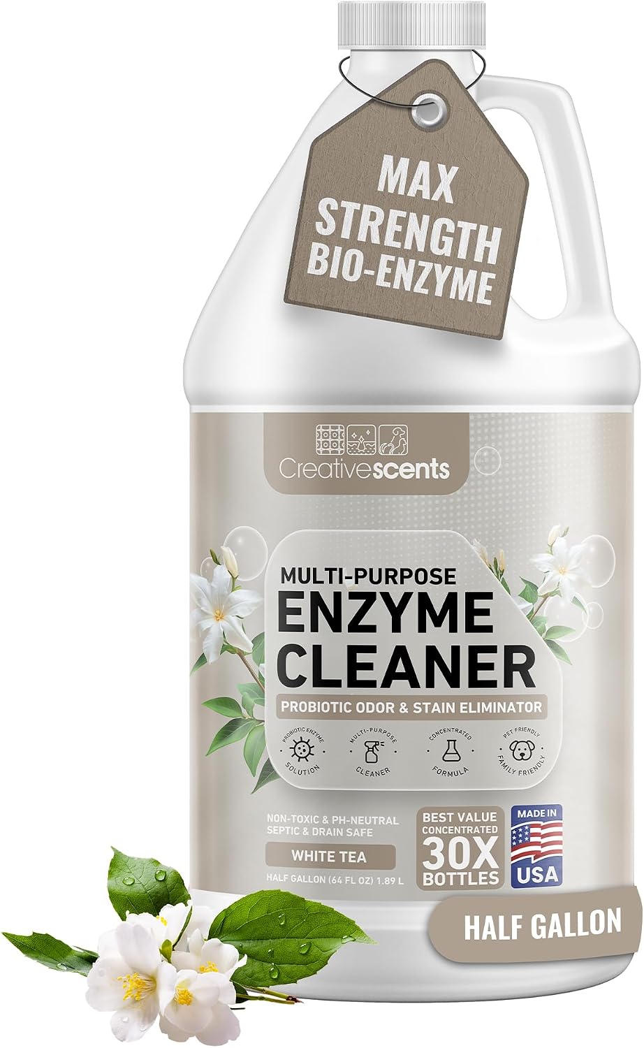 Creative Scents Multipurpose Enzyme Cleaner & Odor Remover | Deodorizer for Floor, Carpet, Drain, Pipes | Pet Urine Odor Eliminator | Enzyme Cleaner for Cat Urine & Dog Poop | Half Gallon - White Tea