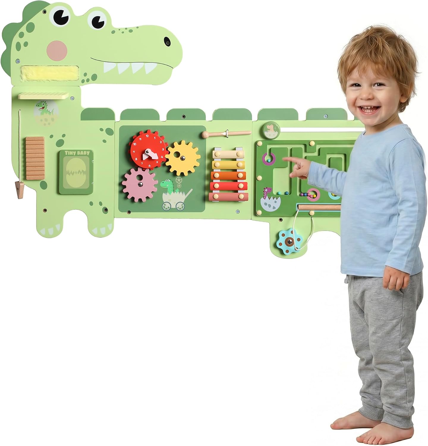 AIYAPLAY Dinosaur Busy Board Panels Toddler Learning Activity Centre Green