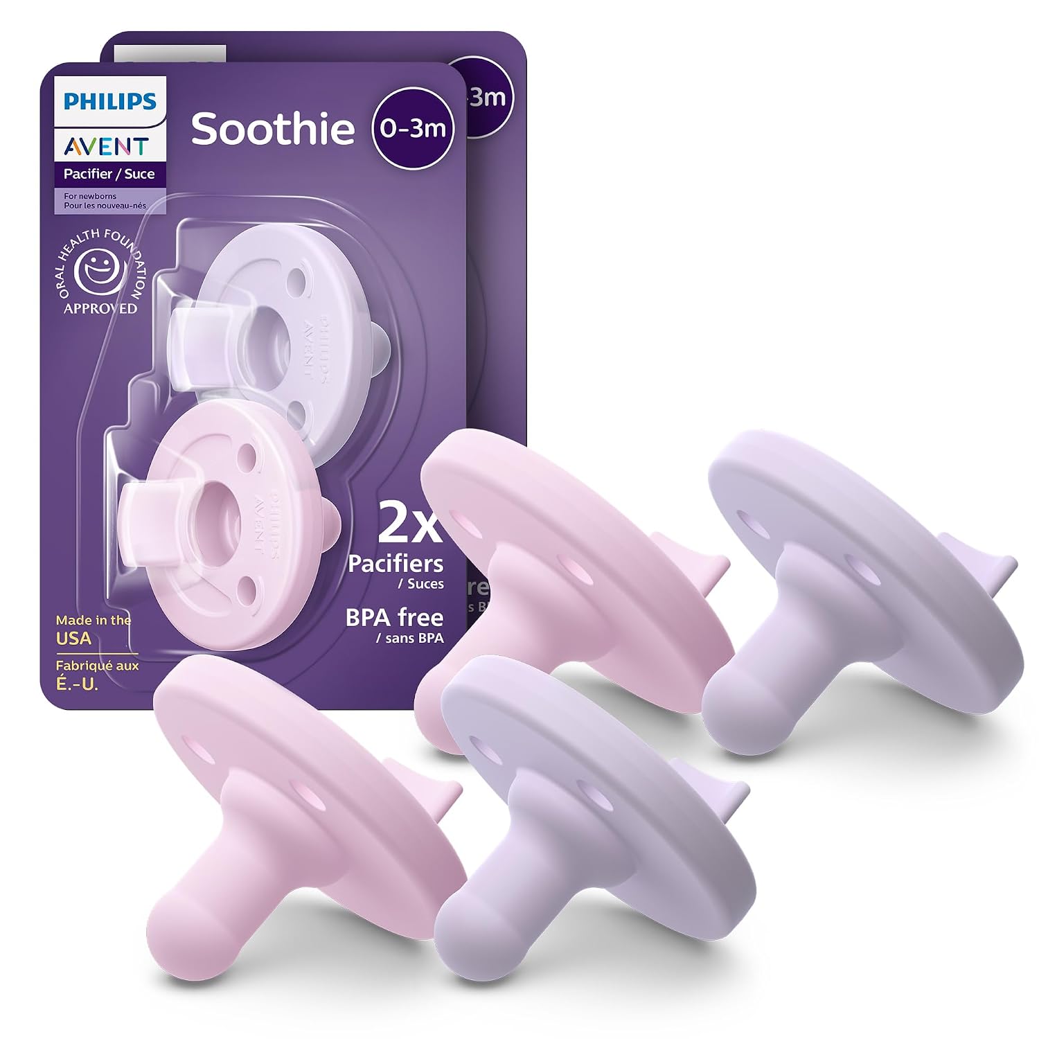 Philips Avent Soothie Baby Pacifiers - 100% Silicone Pacifiers for Babies 0-3 Months, One-Piece Design, BPA-Free, Extra Durable, Lilac and Pink, 4 Pack, Model SCF190/70