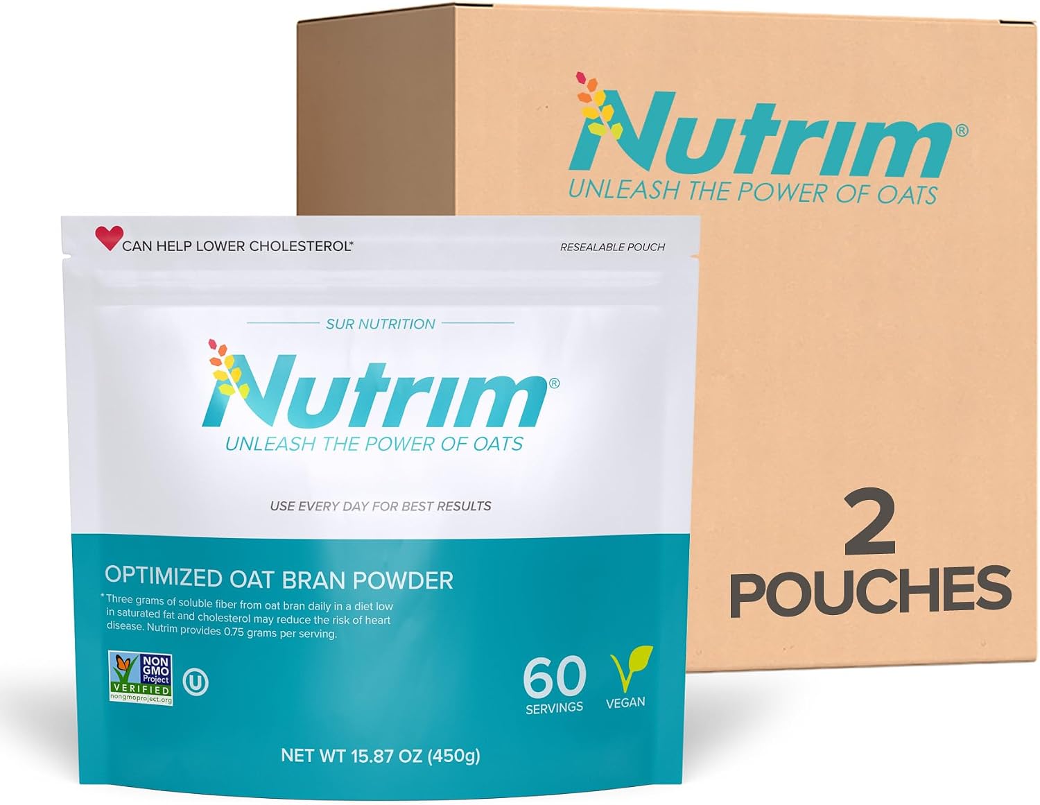 Nutrim Oat Bran Powder with 750mg Beta Glucan per Serving - Easy-Mix Soluble Fiber for Cholesterol Management & Immune Support - Heart Healthy, Non-GMO & Vegan Oatmeal (60 Servings 2 Pack)
