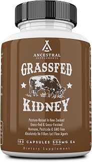 Ancestral Supplements Grass Fed Beef Kidney Supplement, 3000mg, DAO Enzyme Supplement, Kidney Support for Urinary and Histamine Health, Selenium, B12, Non GMO, 180 Capsules