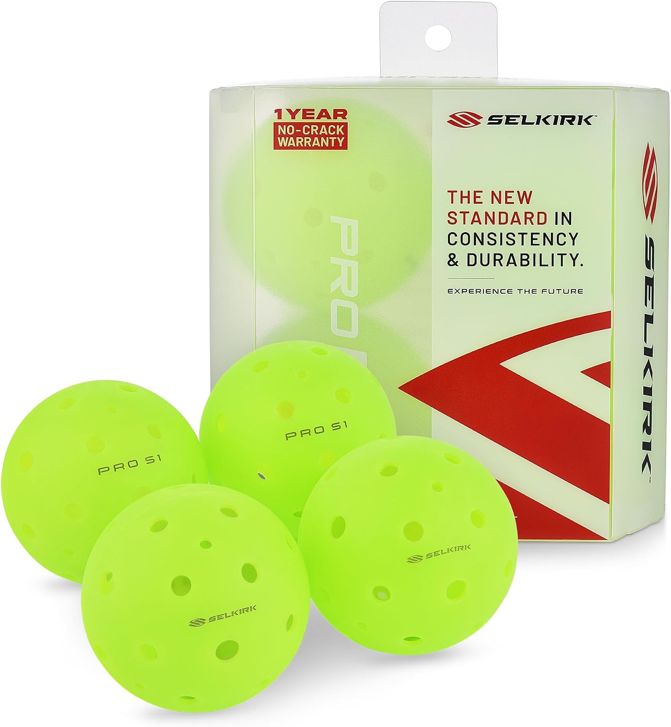 Selkirk Sport Pro S1 Outdoor Pickleballs | USAPA Approved | 4/12/100pk | A crack-resistant pickle ball set with a 38-hole design and advanced aerodynamics, for tournament play