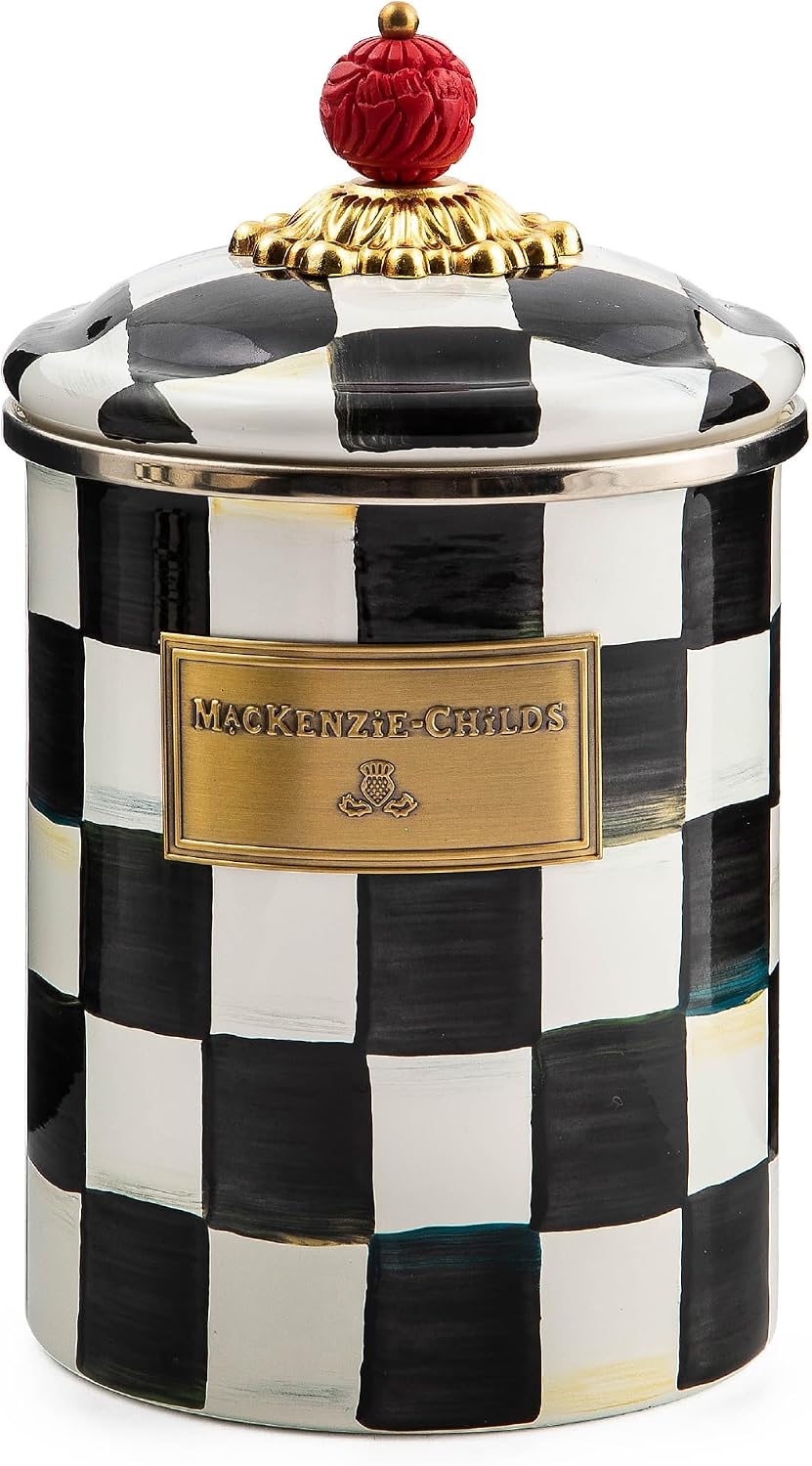 MACKENZIE-CHILDS Enamel Canister, Versatile Kitchen Storage Container for Flour and Sugar, Medium, 48-Ounce Capacity, Black-and-White Courtly Check