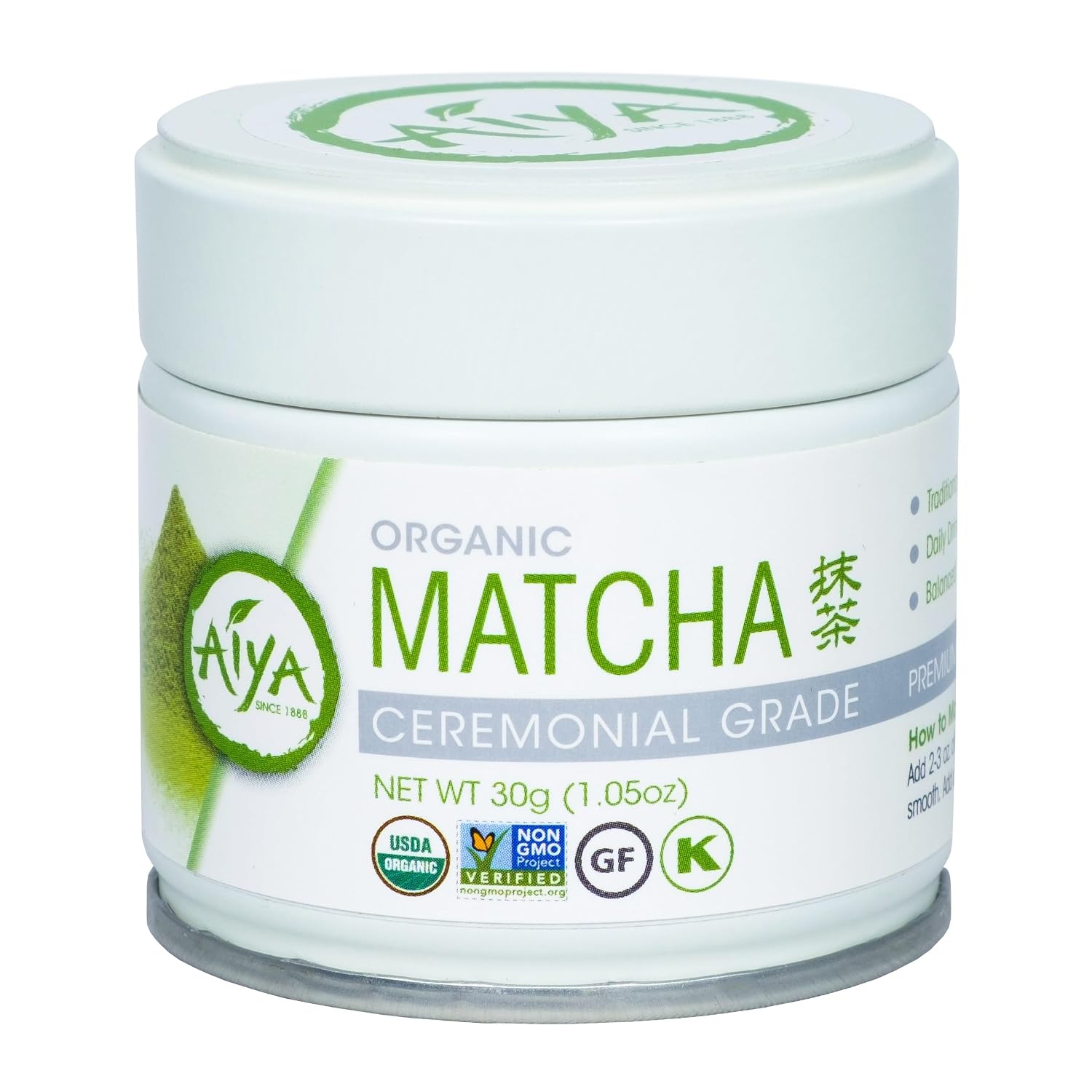 Aiya Organic Ceremonial Grade Matcha Powder - Premium Matcha Ceremonial Grade, Vibrant Jade Green Color, Mild Natural Sweetness, Japanese Tea Ceremonies - 30g Tin