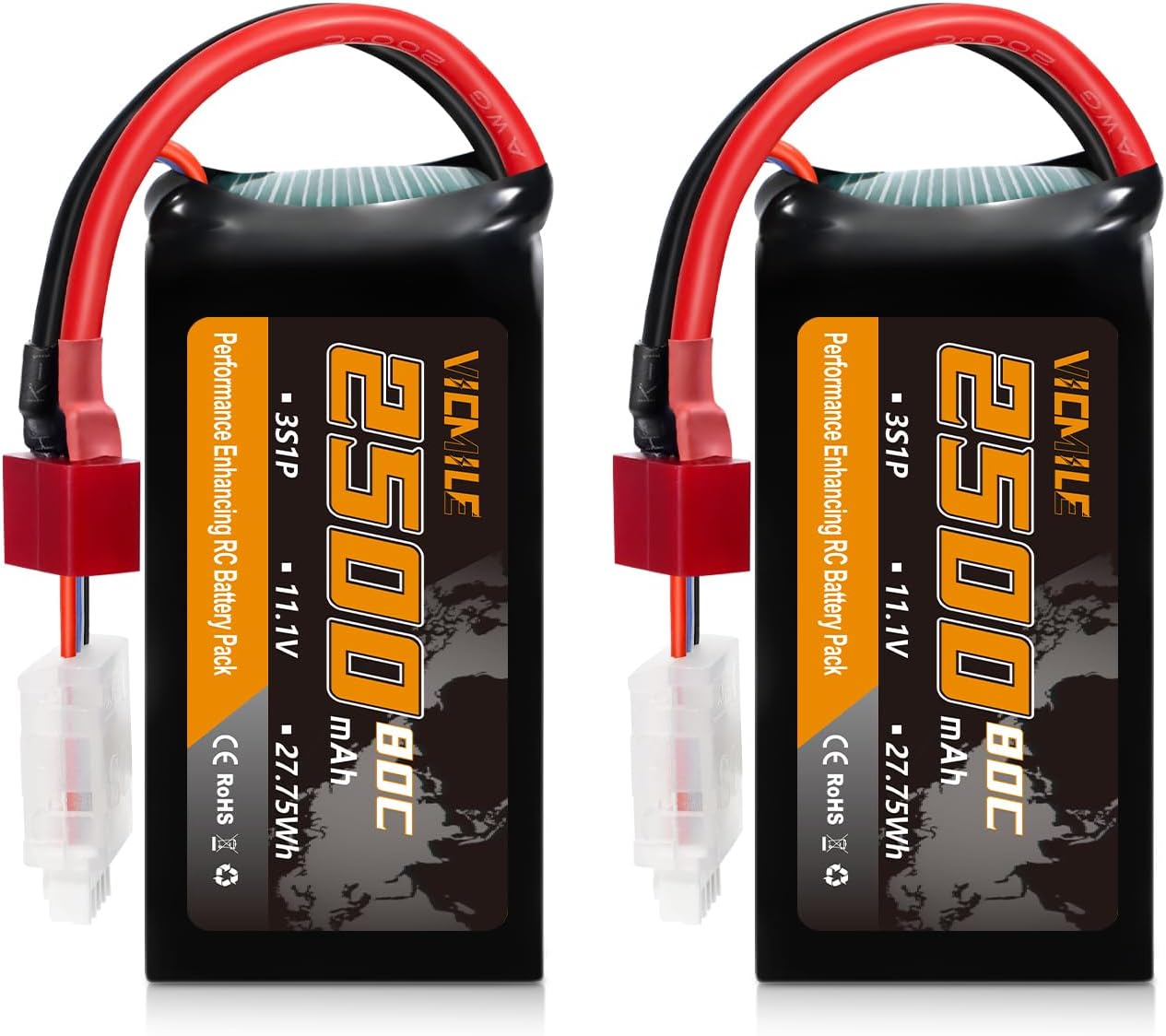 3S Lipo Battery 2500mAh 11.1V 80C High Discharge Rate Shorty Pack RC Batteries with Dean-Style T Fit for RC Airplane FPV Quadcopter Helicopter Drone and Racing RC Hobby Models High Capacity