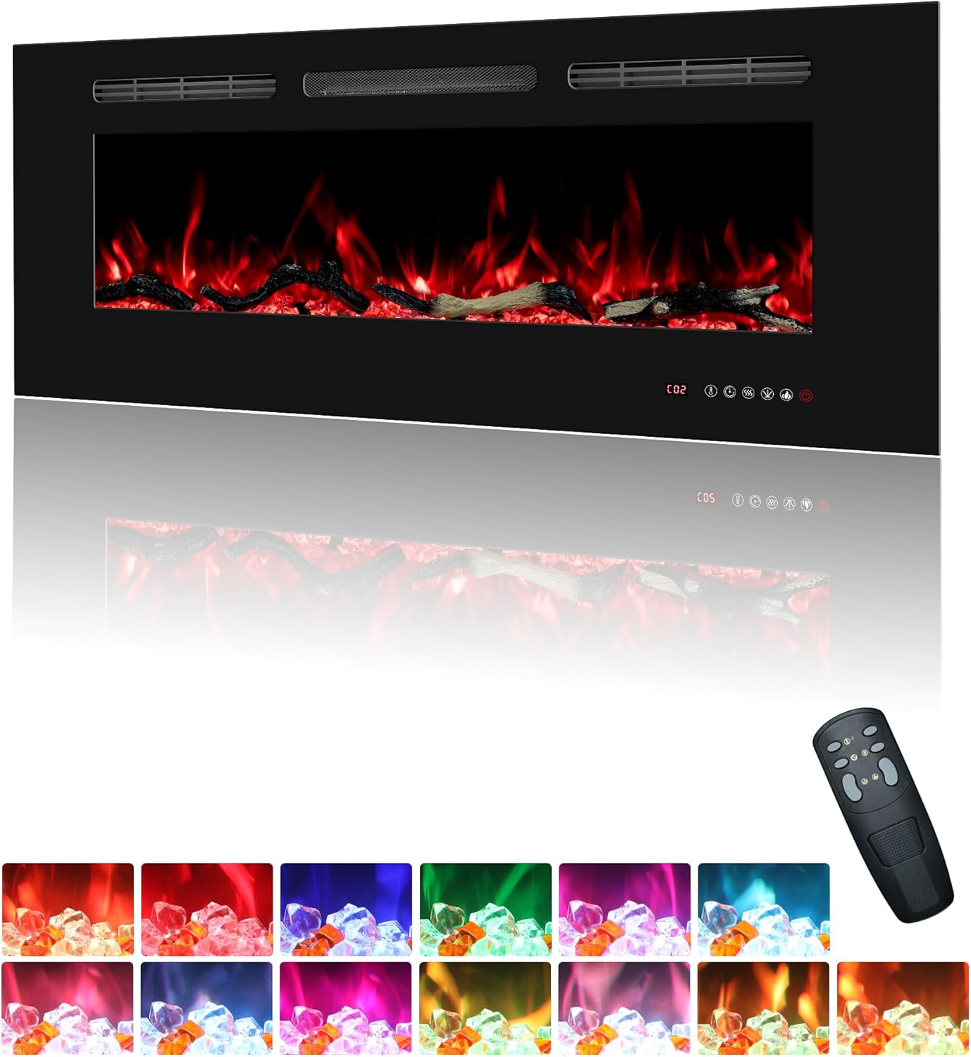 108cm Electric Fireplace Insert, Wall Mounted Fireplace Heater, 13 * 13 Flame Effects, Realistic Logs Ember Bed, Adjustable Thermostat & Timer, 1500W, Black(42")