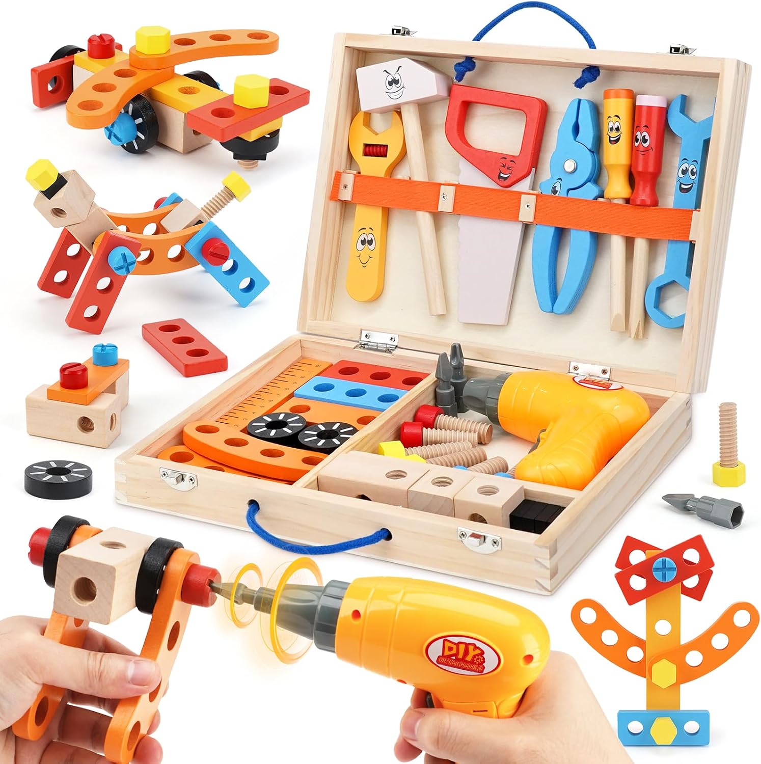 Vanplay Kids Tool Set Wooden Toys Montessori Toys for 3+ Year Olds with Toy Drill Kids Tool Box toys for 3 4 5 6 Year Old Boys Girls