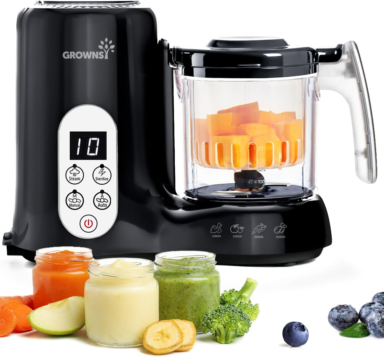 Grownsy Baby Food Maker with Steam Basket, One Step Baby Food Processor Steamer Puree Blender Grinder Mills Machine, Auto Cooking Grinding and Sterili-zing for Healthy Homemade Baby Food, Blcak