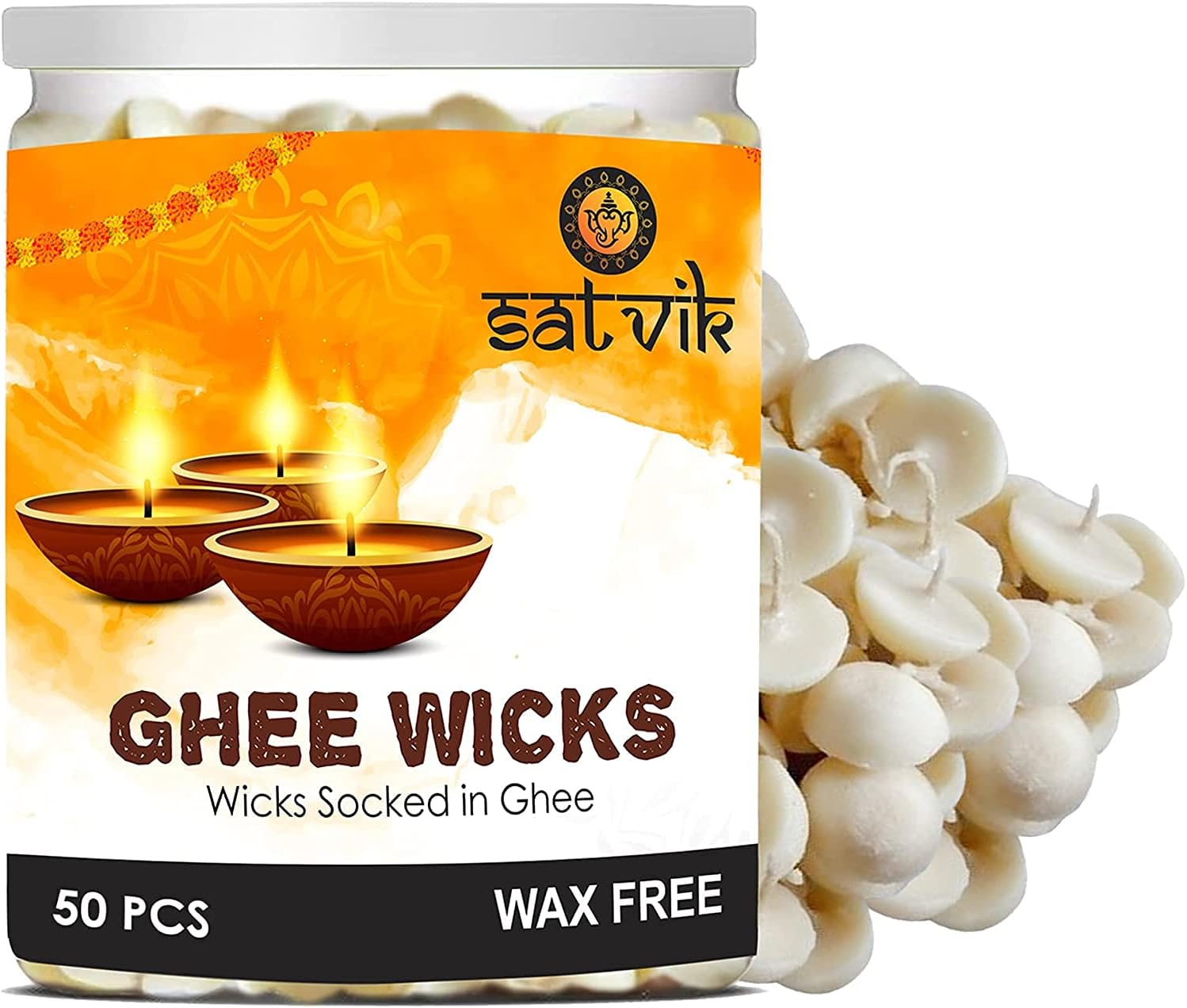 SATVIK Pack of 50 Pure Ghee Wicks for Puja | Ready-to-Use Diya Batti | 30-Min Burn Time | Wax-Free Cotton Wicks | Ideal for Pooja, Meditation, Diwali, and Housewarming Gifts