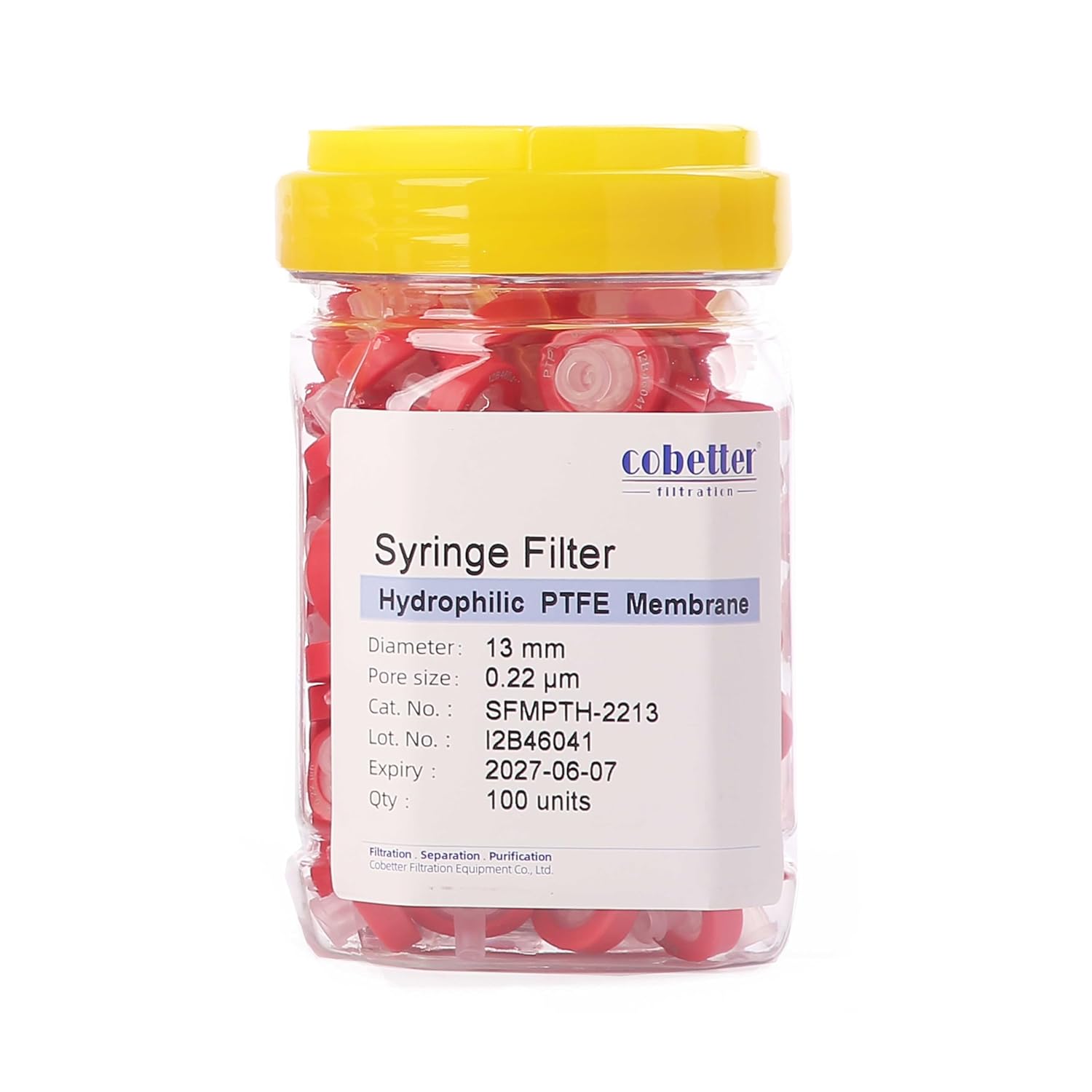 100 Pack Syringe Filter PTFE hydrophilic Lab Filters 0.22μm Pore Size 13mm Diameter Filtration Non-sterile Red