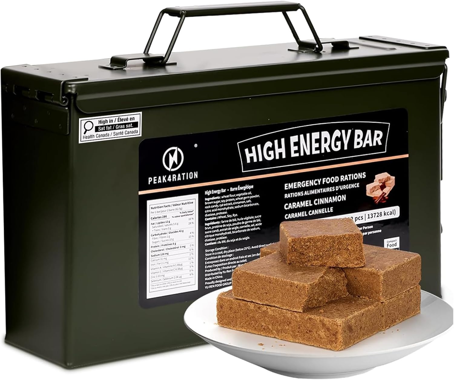 PEAK4RATION High Energy Bar | Long Shelf-Life Compressed Biscuits – Caramel Cinnamon | 3kg (12x250g Metal Tin) | 13728 kcal Outdoor & Emergency Ration Bar | Hardtack Compact Survival Preparedness Food
