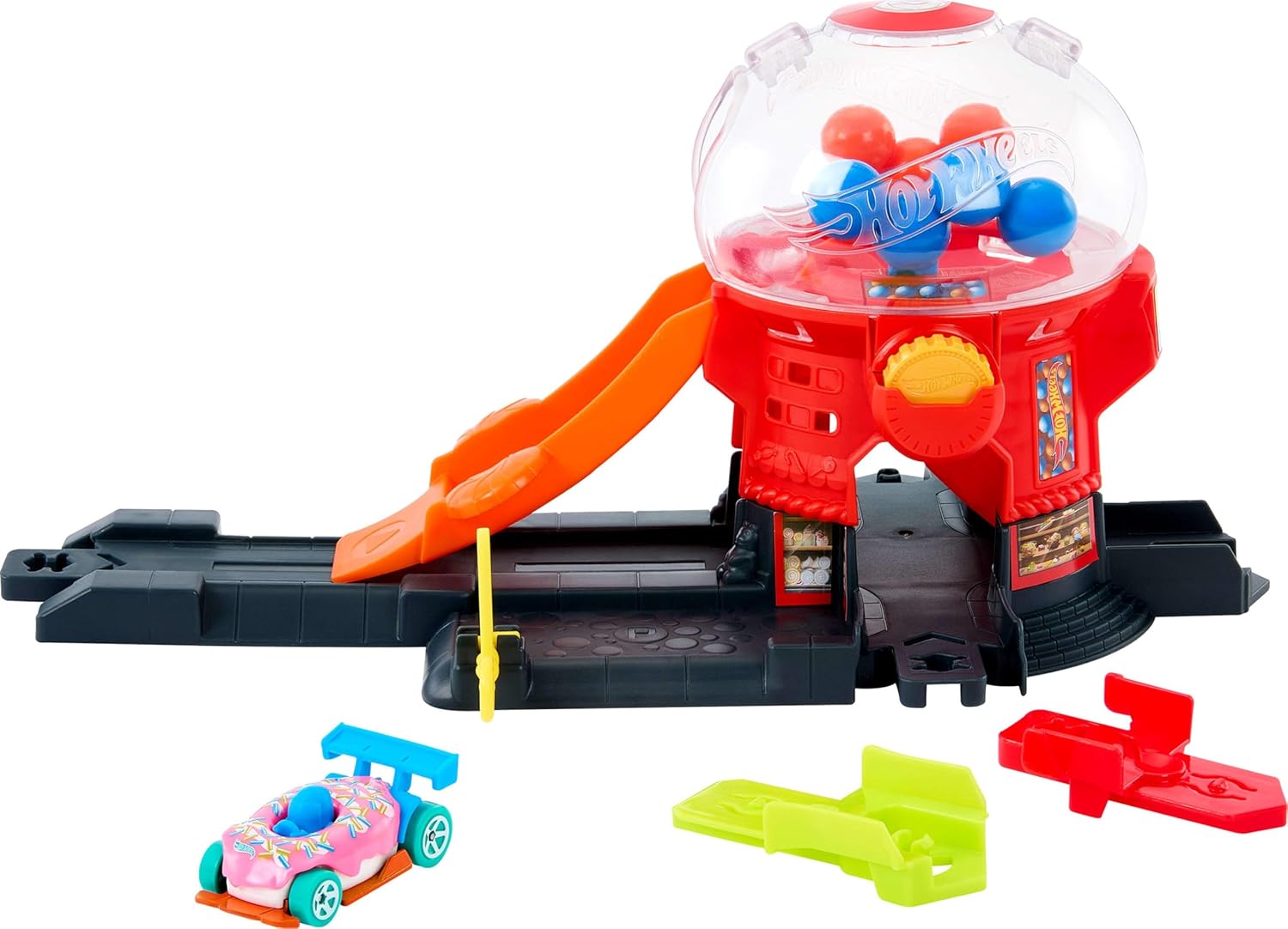 Hot Wheels Toy Car Track Set, Gumball Machine Playset with 1:64 Scale Die-Cast Donut-Shaped Vehicle & Speed Snap Track, Downtown City Candy Shop, JBM62