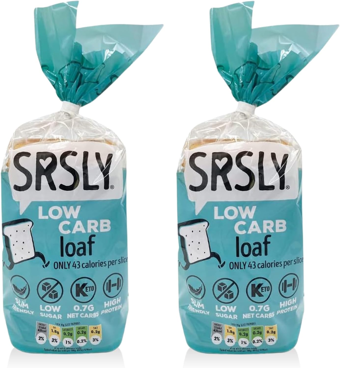 SRSLY Low Carb Keto Bread - Only 0.7g Carbs & 43 Kcals Per Slice - Freshly Baked Light & Fluffy – Sugarwise Certified Low Sugar Bread - High Protein High Fibre - 1 Sliced Loaf - Pack of 2