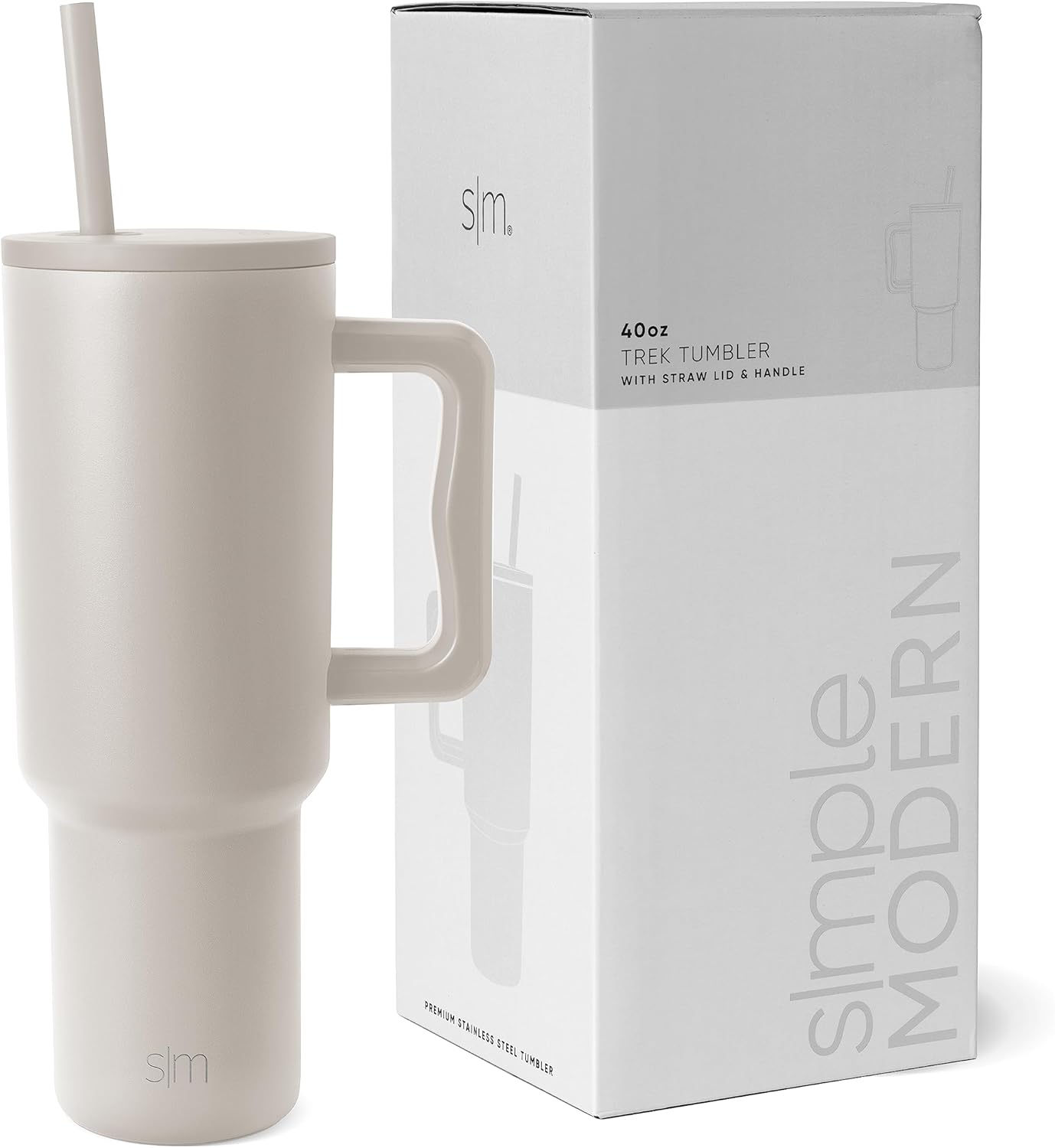 Simple Modern 40 oz Trek Tumbler with Handle and Straw Lid | Cup Holder Friendly Insulated Stainless Steel Travel Mug | Almond Birch
