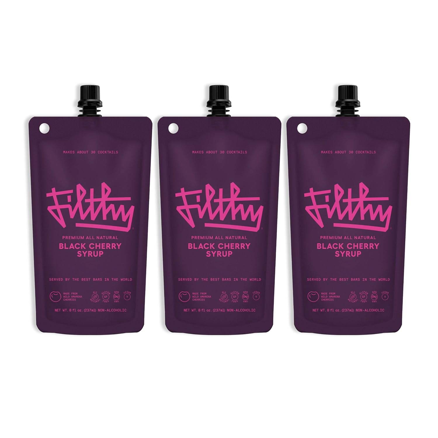 Filthy Black Cherry Syrup, Cocktail Mixer, Black Cherry Syrup, Non-GMO, Gluten Free, Vegan, Made from All Natural Wild Italian Amarena Cherries, 8 Oz Pouch, 3 Pack